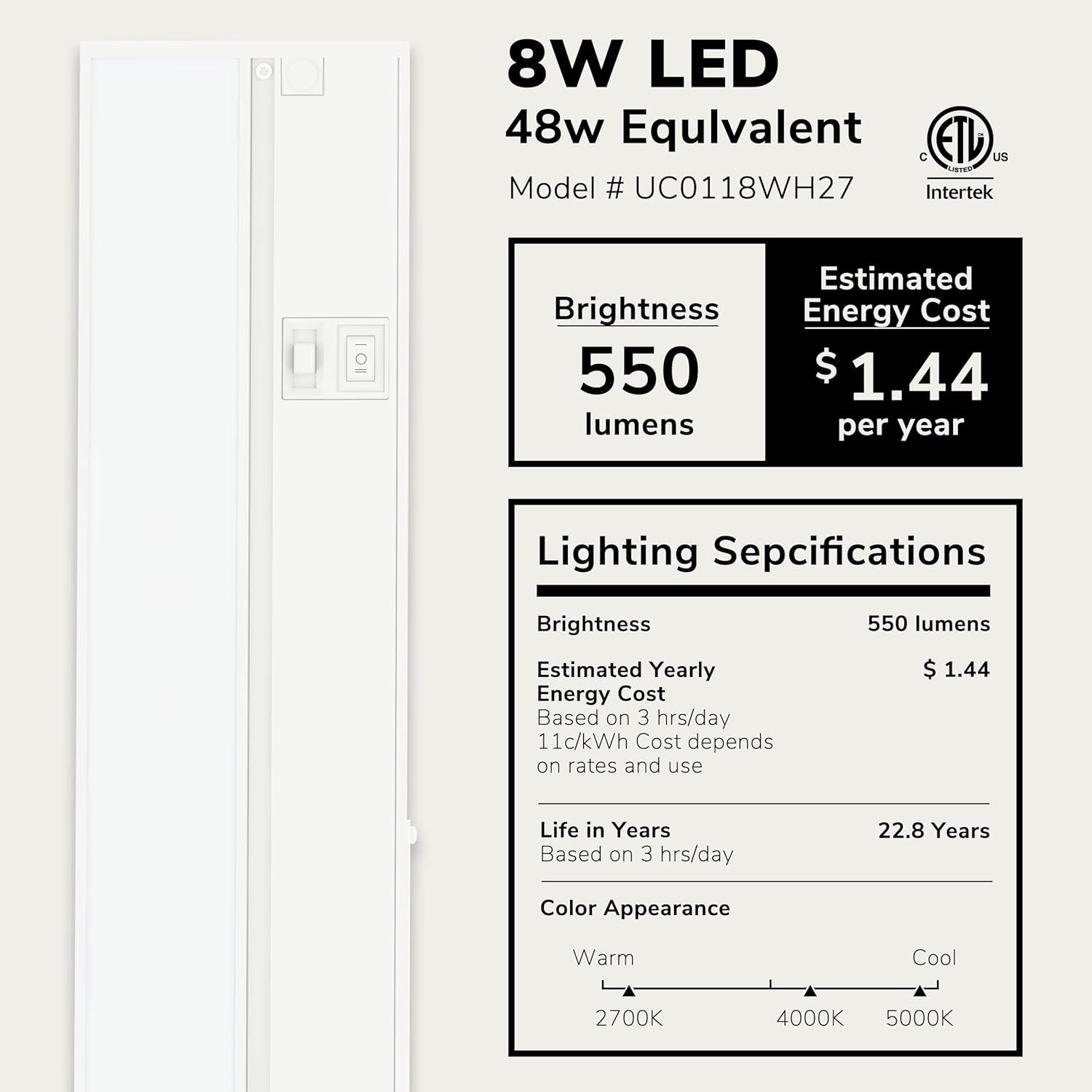 LAGOM 18" Direct Wire Dimmable LED Under Cabinet Lights, Selectable 2700K/4000K/5000K