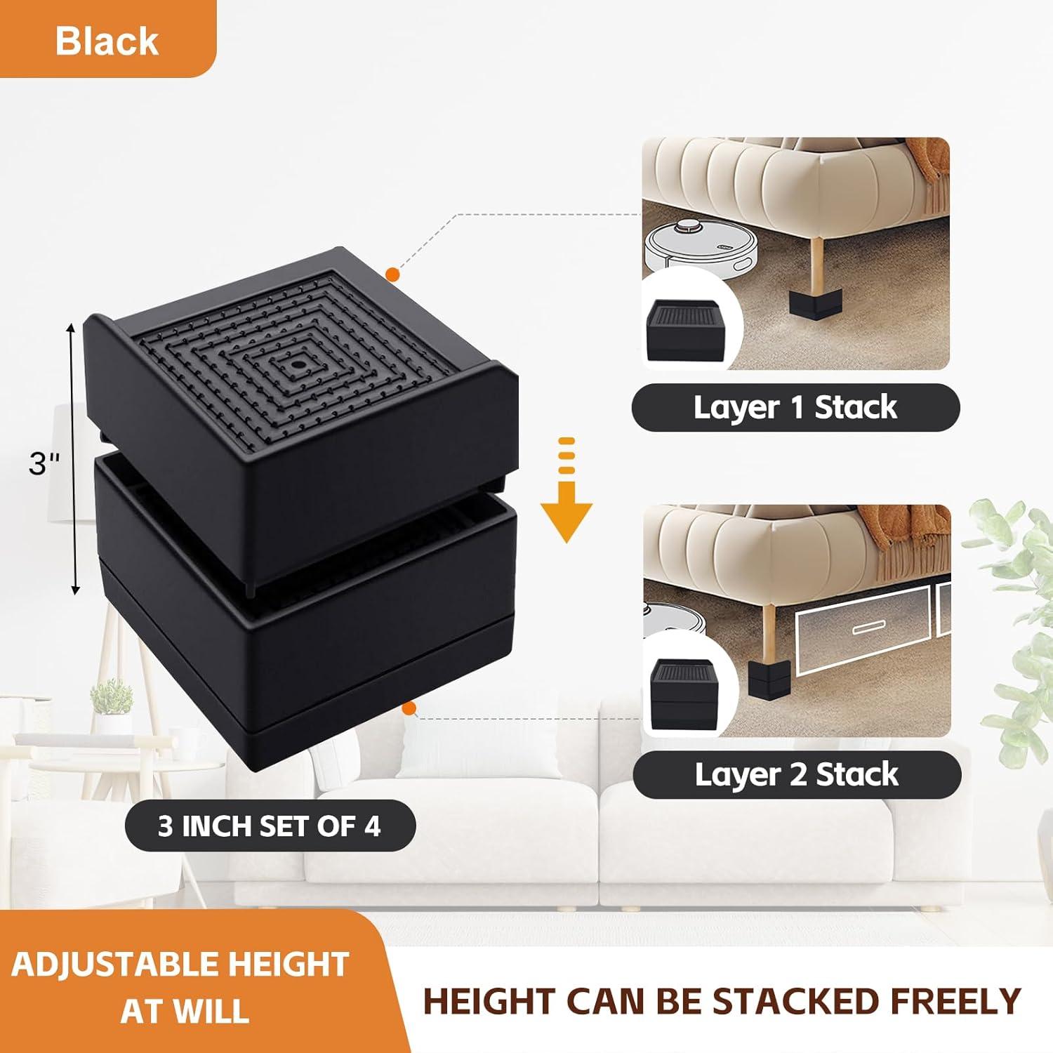 4 Pack Black Adjustable Bed Risers (1 or 3 Inch) for Dorm Beds, Sofas, and Furniture Elevation.