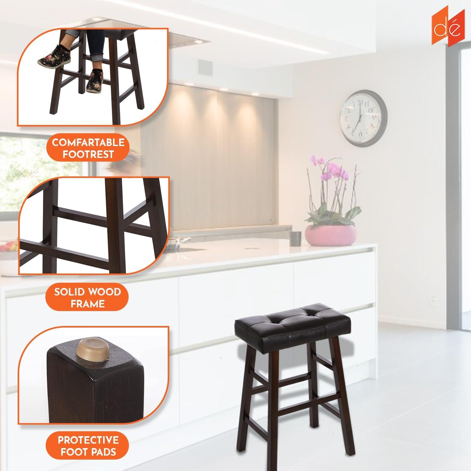 Legacy Decor 2 Counter Bar Stool Set - 24" High Dark Espresso Barstools with Wrapped Bonded Faux Leather Seat - Solid Wood Modern Countertop Stools - Ideal for Kitchen Island & Bar Areas