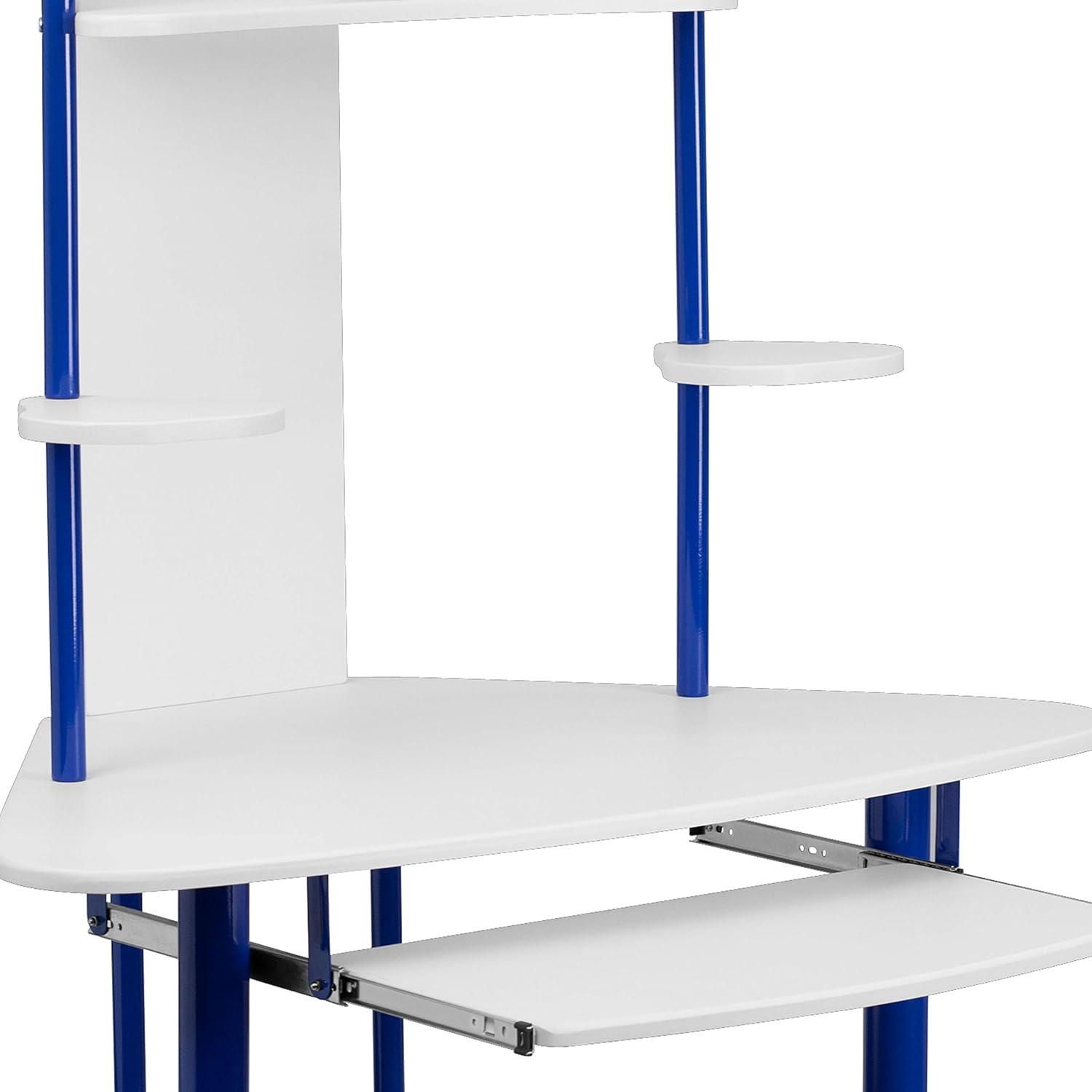 Compact Blue and White Corner Computer Desk with Integrated Hutch