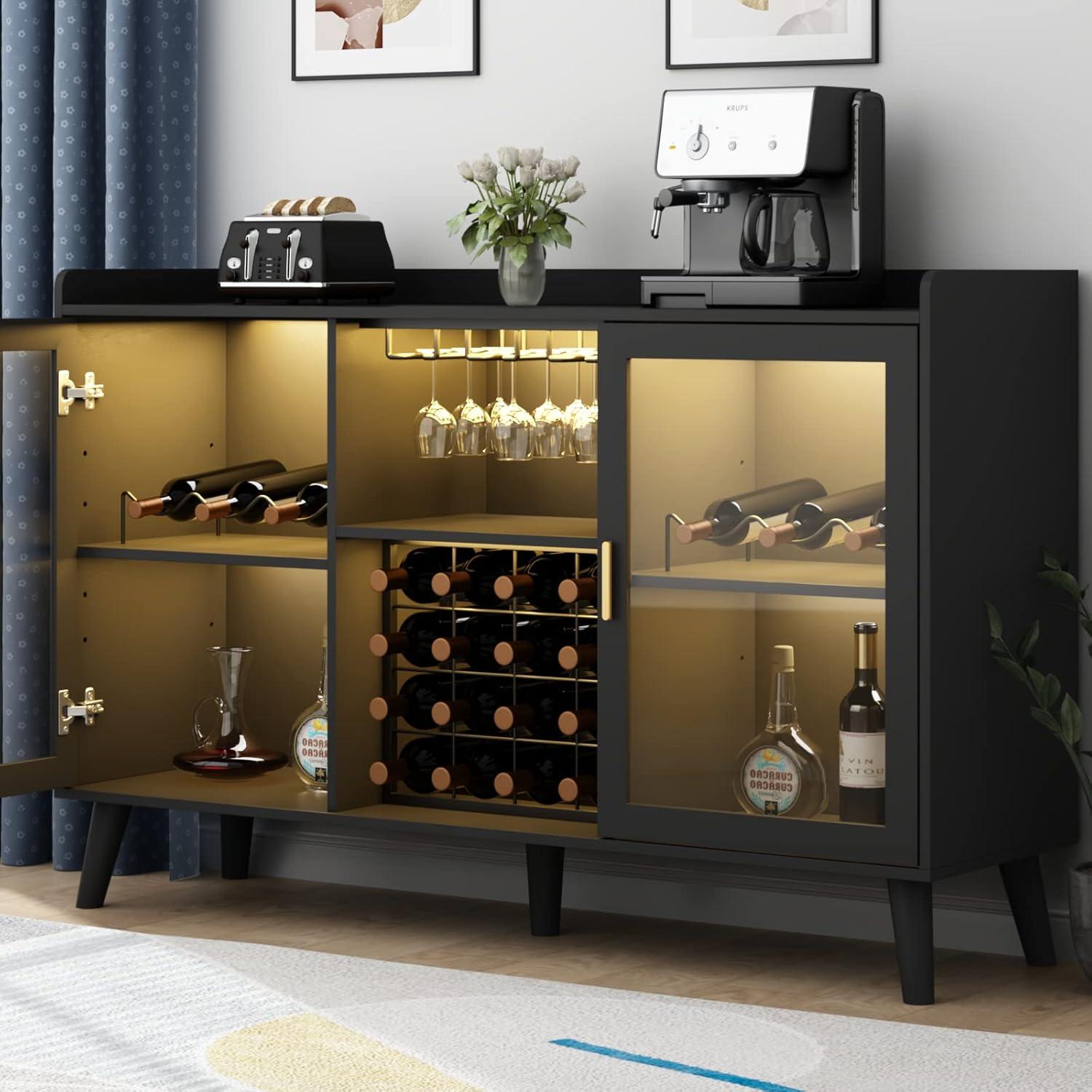 Auromie Wine Bar Cabinet with LED Light, Home Coffee Cabinet with Wine & Glass Rack, Kitchen Buffet Sideboard with Storage Shelves, Freestanding Liquor Cabinet for Living Room, Dining Room, Black