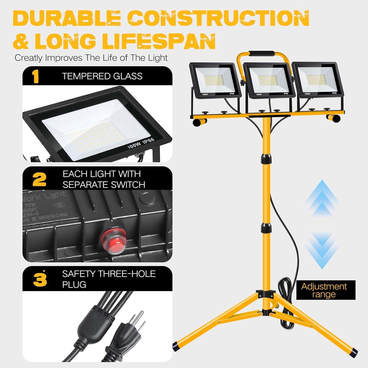 21000 Lumen Work Lights with Stand，3 Adjustable Head LED Work Light, with Adjustable and Foldable Tripod Stand, Waterproof Lamp with Individual Switch with 6500 Kelvin Color Temperature