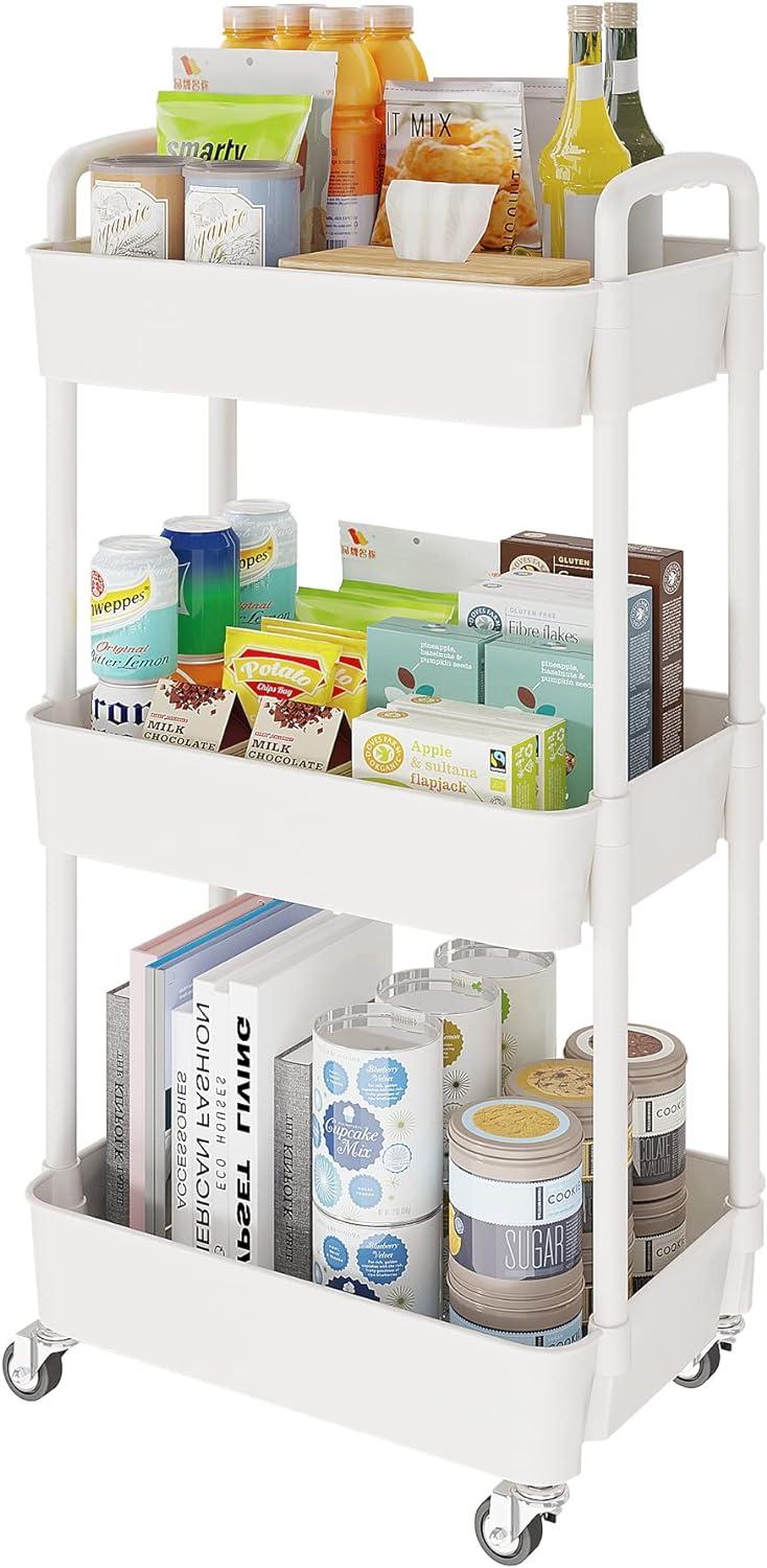 White 3-Tier Plastic Utility Rolling Cart with Lockable Wheels