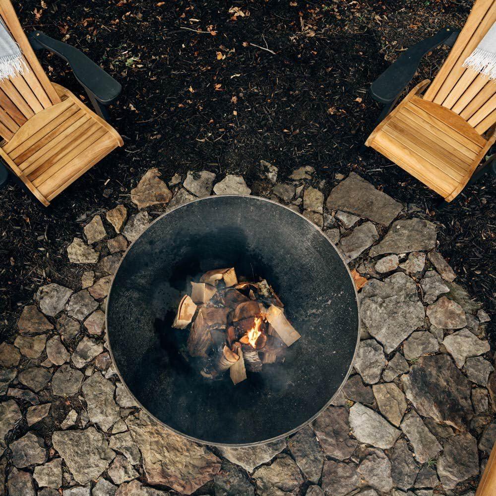 Ash & Ember 42" Hemisphere Fire Pit, Wood Burning Backyard Fireplace, Round Flat Flanged Base, Cast Iron Patina Fire Bowl, Portable Outdoor Firepit Ideal for Backyard Parties and Camping