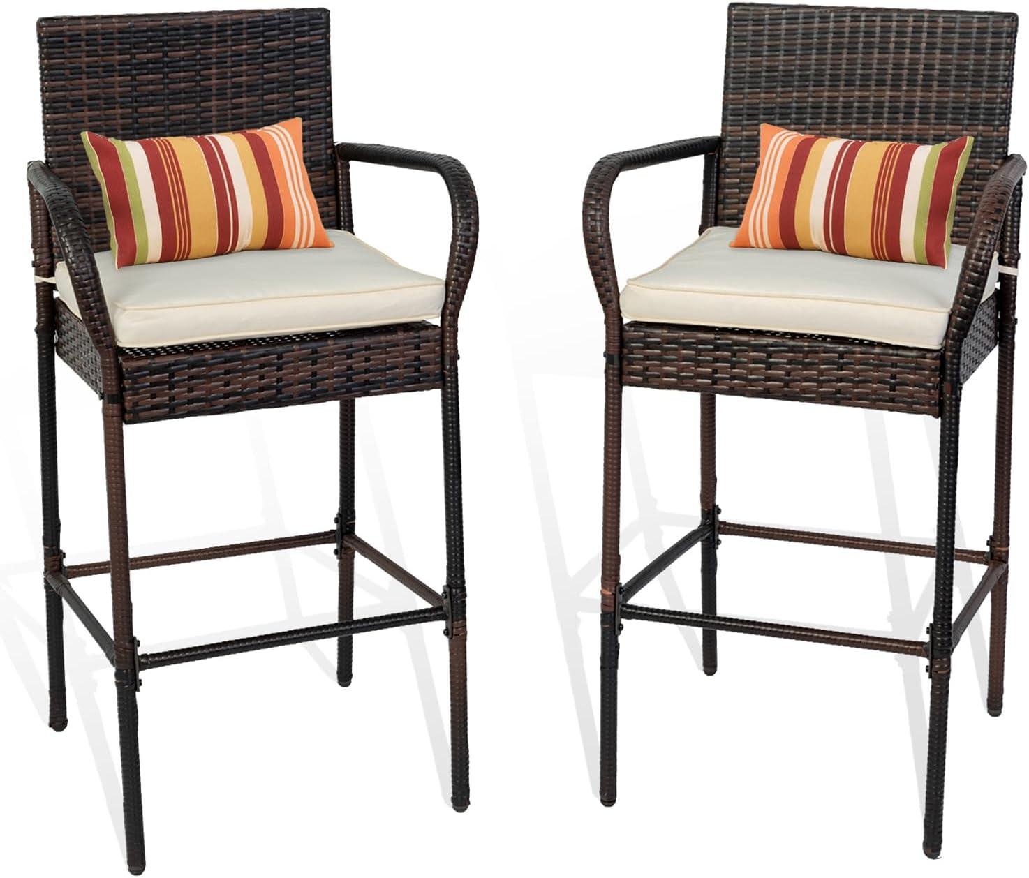 Outdoor Bar Height Wicker Chairs with Beige Cushions, Set of 2