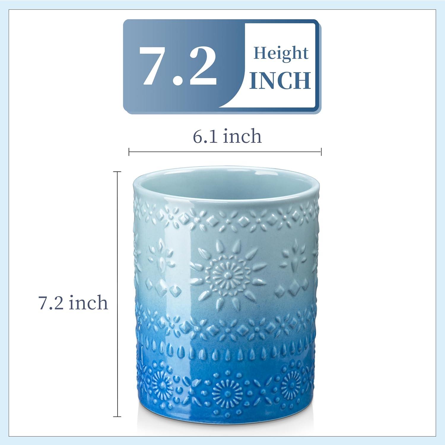 Large Light Blue Ceramic Embossed Utensil Holder Crock