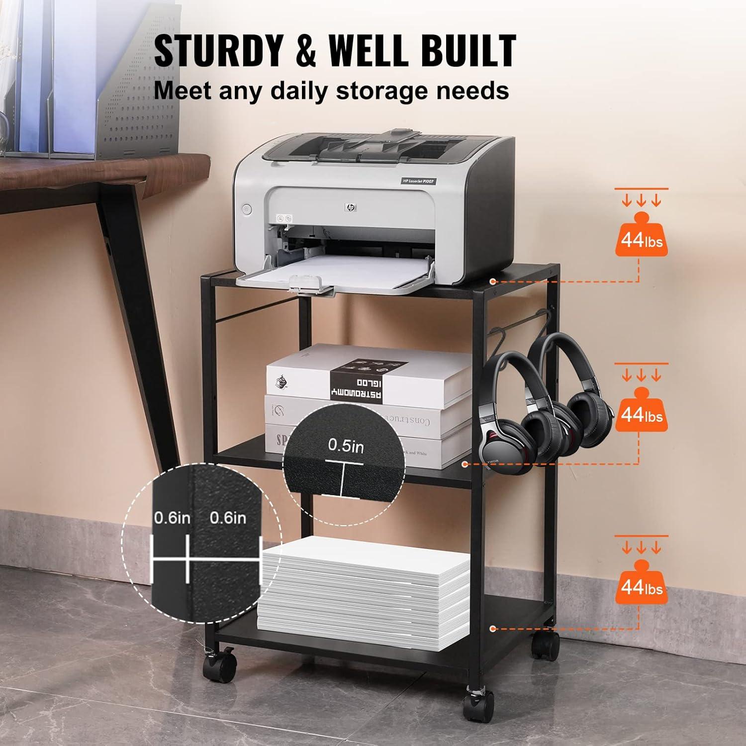 Black Adjustable 3-Tier Printer Stand with Storage Shelves