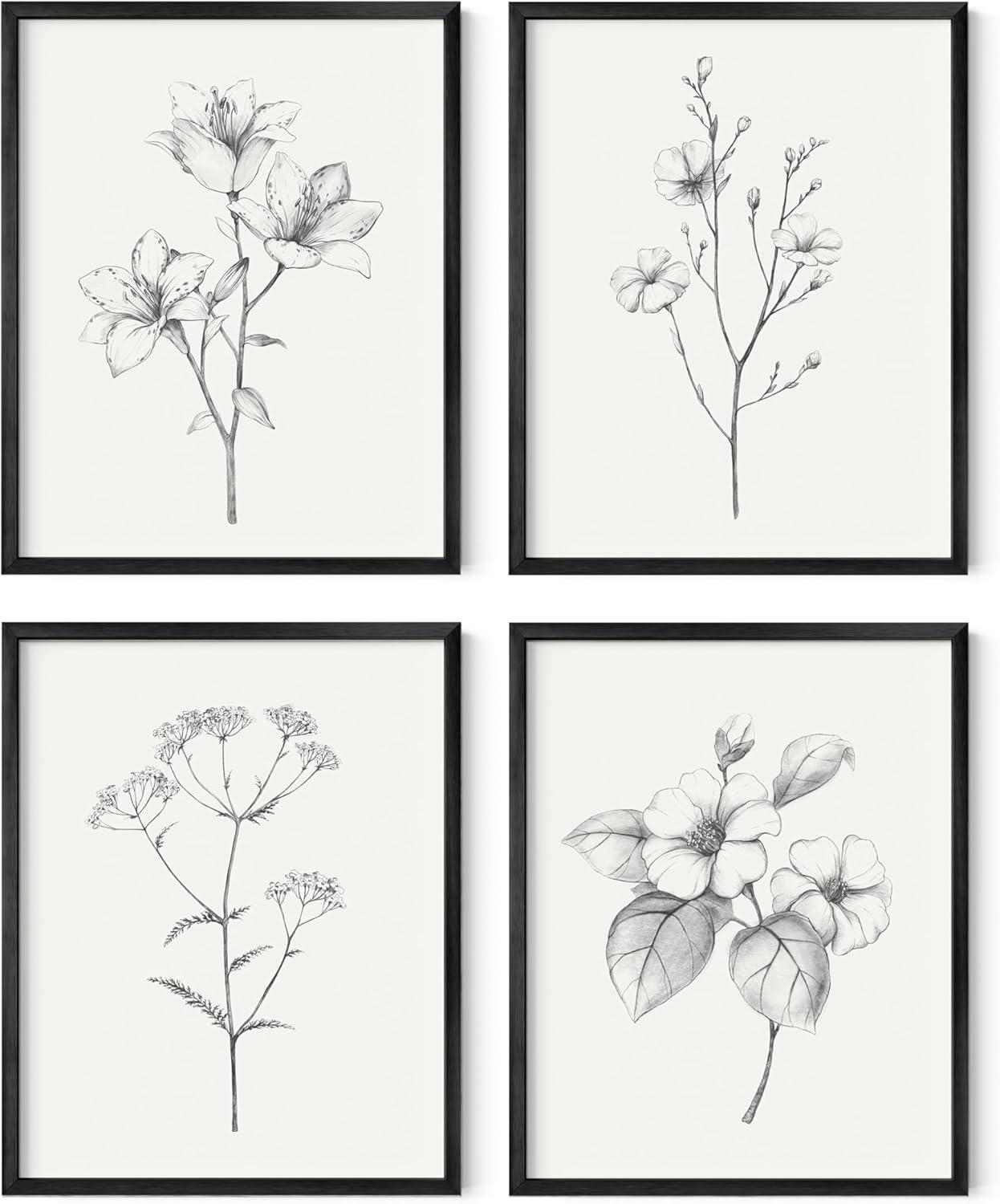 HAUS AND HUES Grey Floral Wall Art - Set of 4 Plant Posters for Wall Vintage, Botanical Prints, Black and White Flower Pictures for Room Aesthetic, Farmhouse Bathroom, Rustic Art (Beige Frame, 11x14)