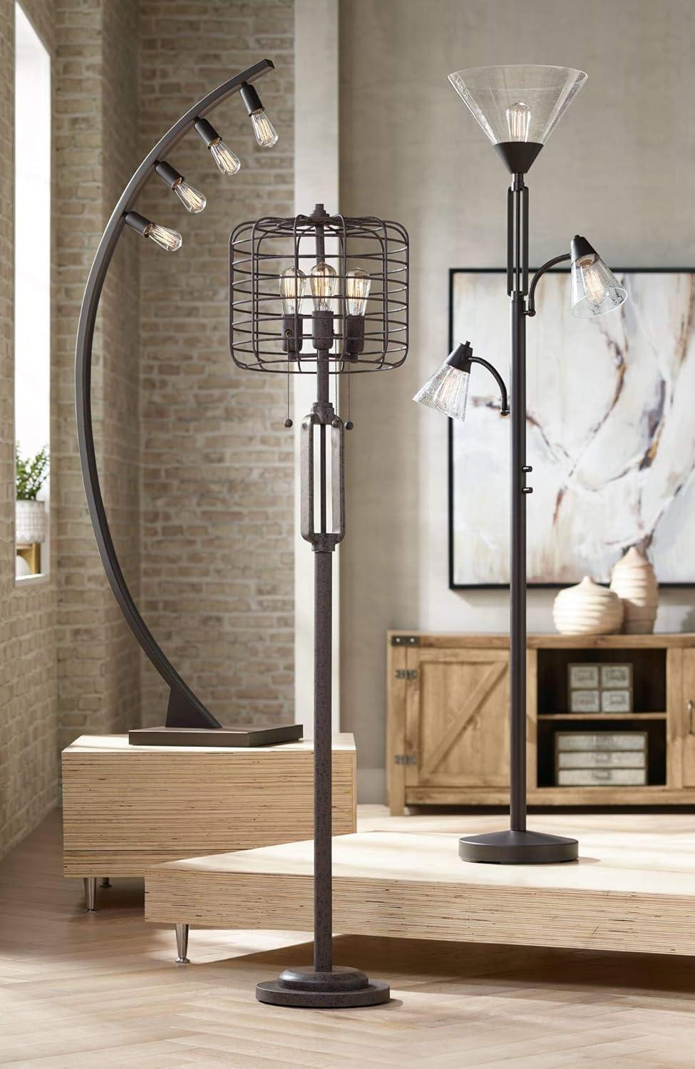 Franklin Iron Works Warwick Industrial Torchiere Floor Lamp with Side Lights 71 1/2" Tall Tiger Bronze LED Clear Seedy Glass for Living Room Reading