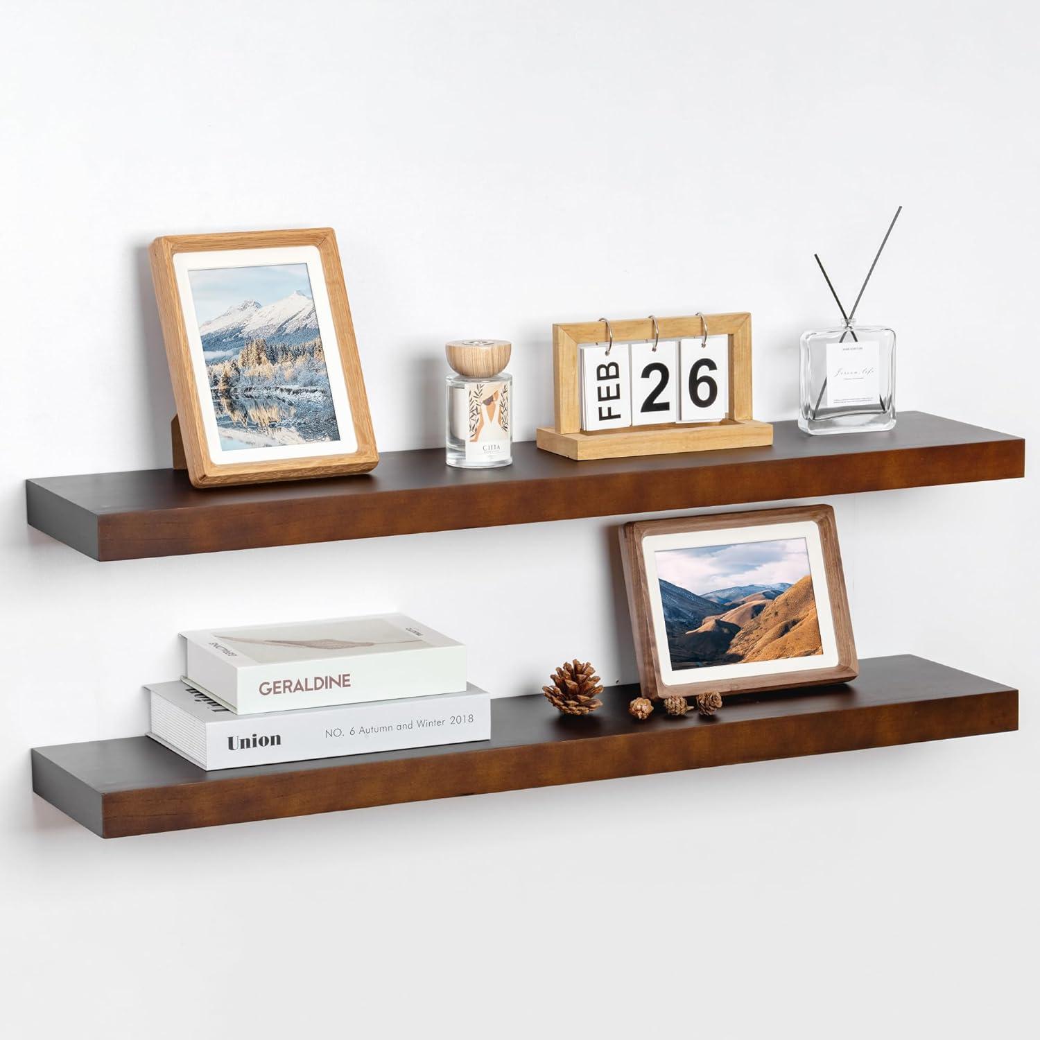 24 Inch Floating Shelves Set of 2, Rustic Solid Wood Wall Mounted Shelves for Decor & Storage, Dark Walnut Shelves for Bedroom Kitchen Living Room - Dark Walnut