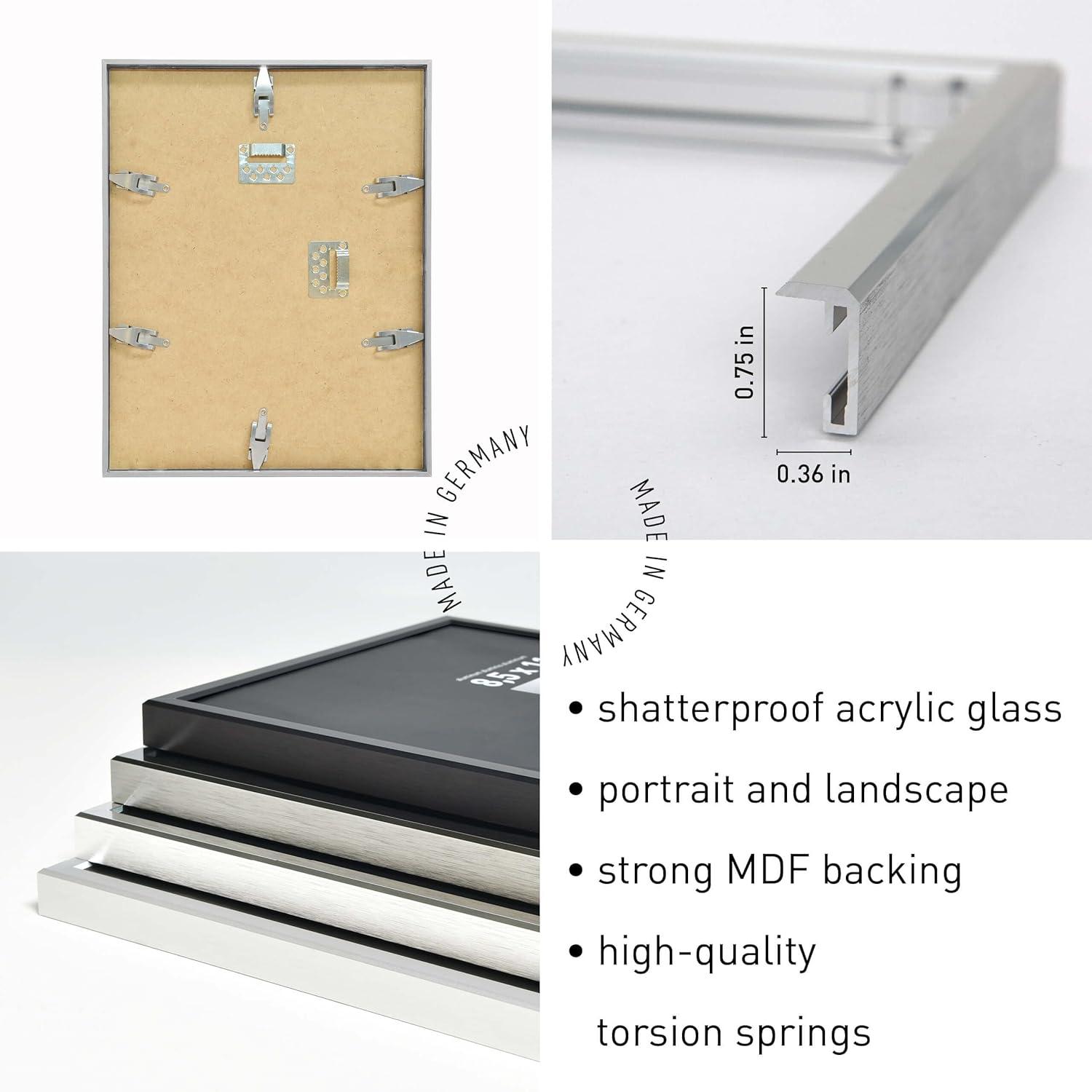 DEHA Design 11x14 Picture Frame Boston Frosted Silver Aluminum Metal Frame with Shatter Resistant Acrylic Glass Horizontal and Vertical format.