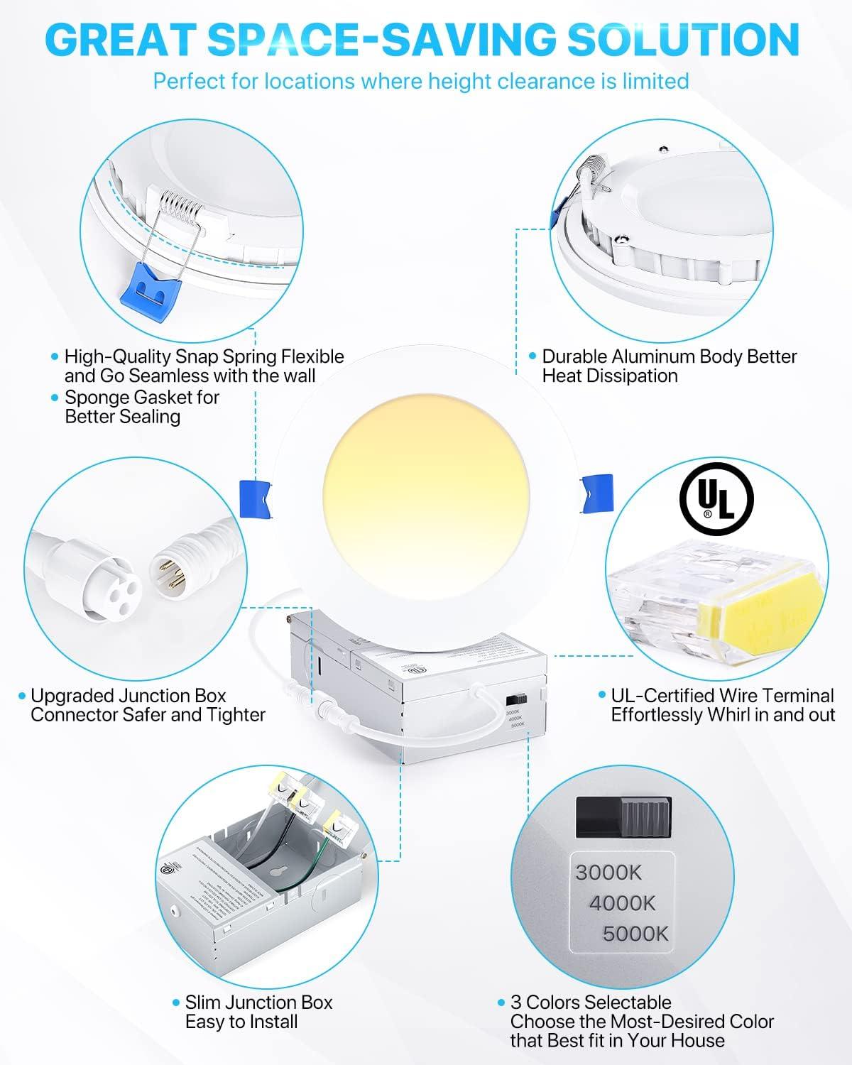 Ensenior 12 Pack 4 Inch Ultra-Thin LED Recessed Ceiling Light with Junction Box, 3000K/4000K/5000K Selectable, 9W 75W Eqv, Dimmable, 750LM High Brightness - ETL and Energy Star Certified 4 Inch 5000k/4000k/3000k - 3cct White