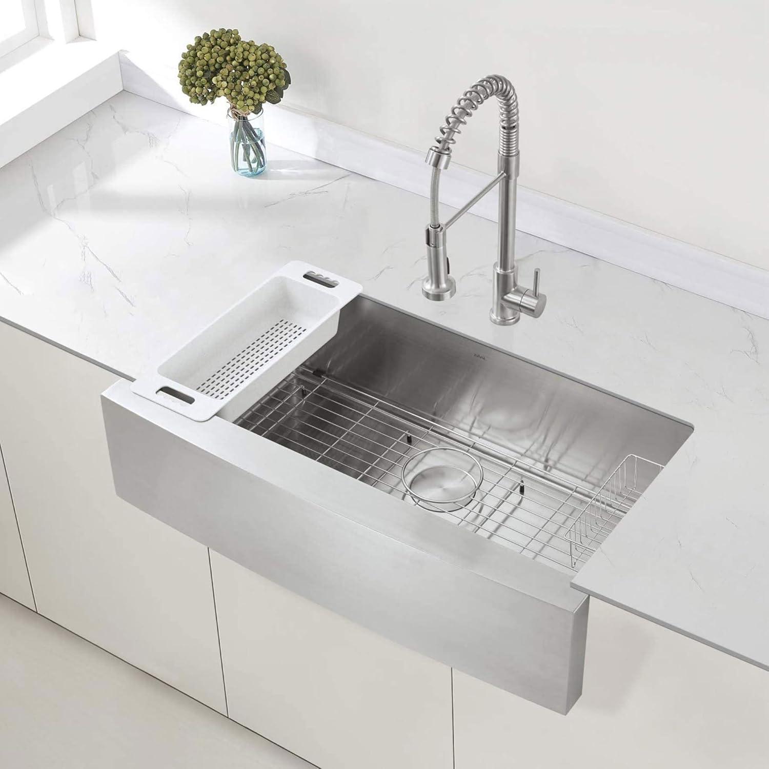 36-Inch Brushed Stainless Steel Farmhouse Apron-Front Single Bowl Kitchen Sink