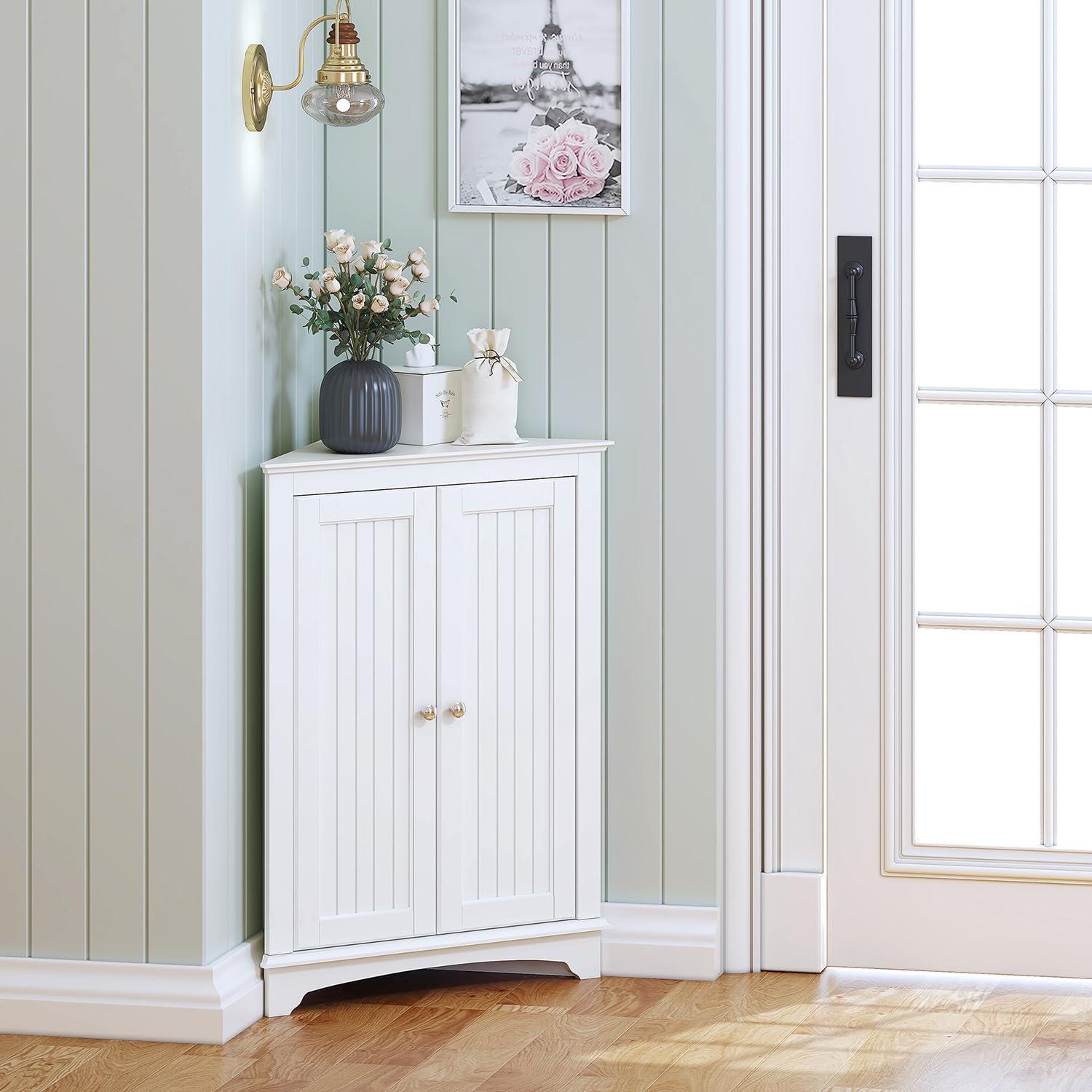 White Corner Cabinet with Adjustable Shelving and Beadboard Doors