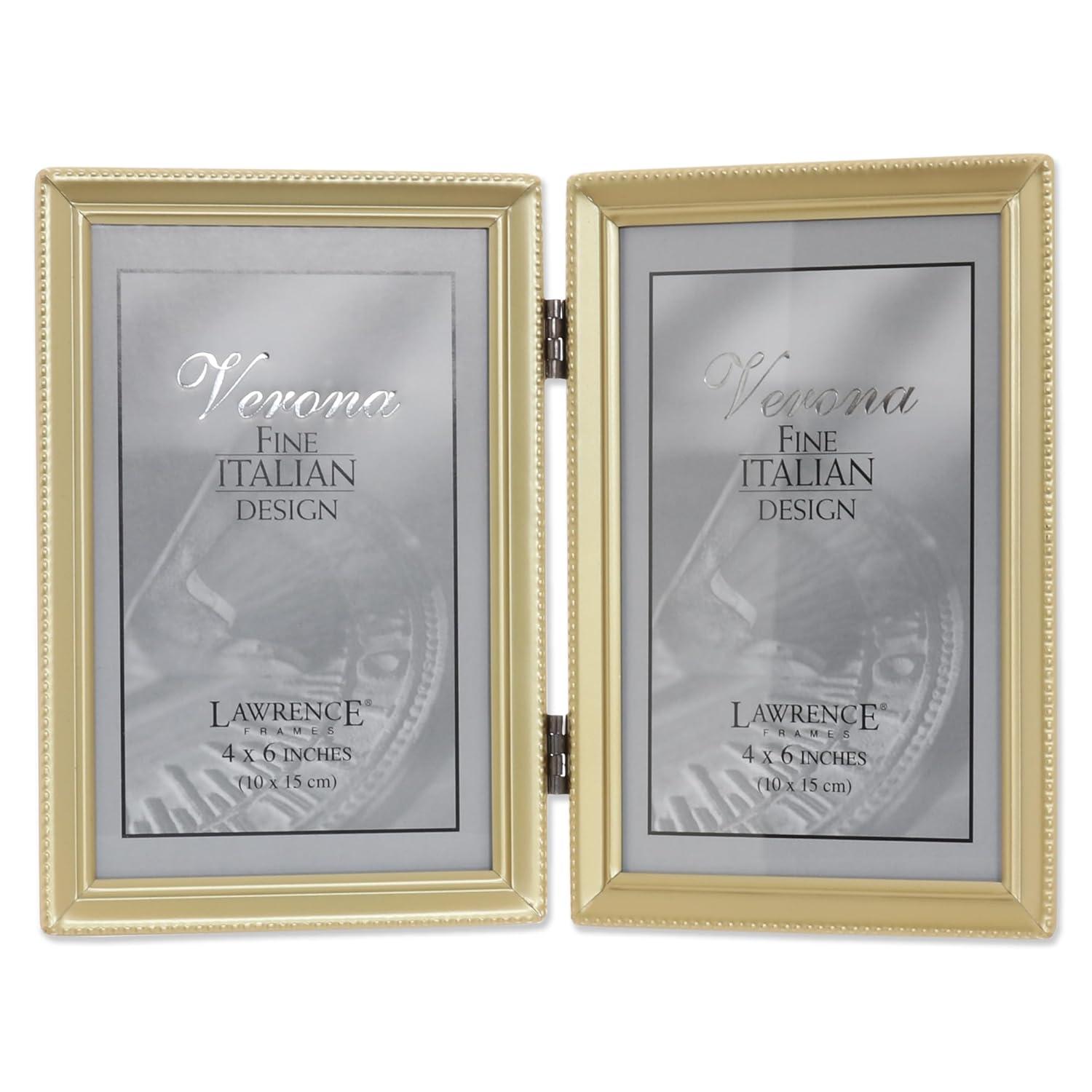 Antique Brass 4x6 Hinged Double Picture Frame - Bead Border Design