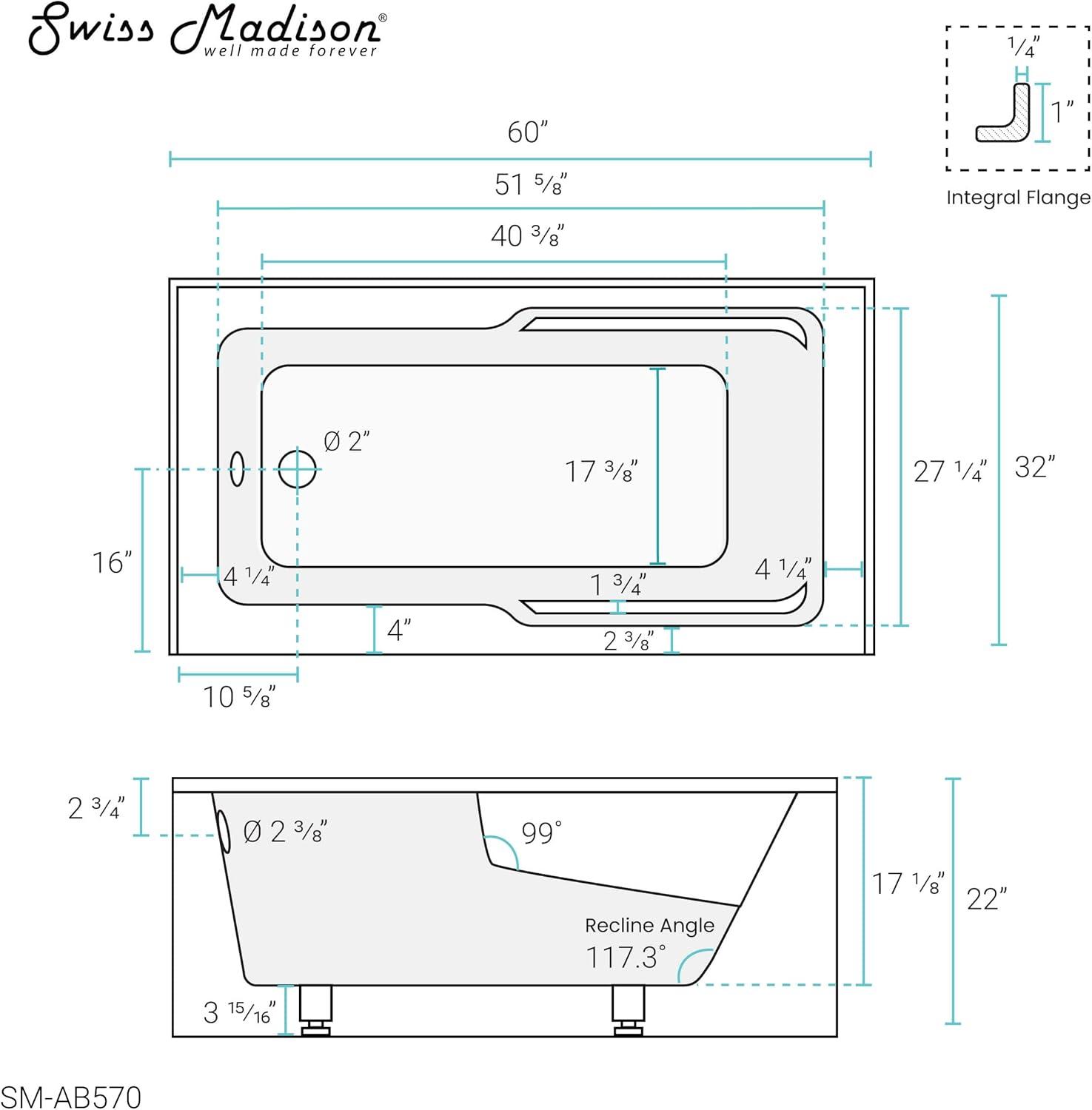 Claire 60" x 32" Alcove Tub with Corner Apron