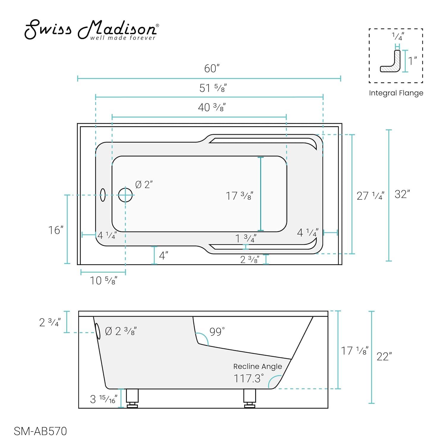 Claire 60" x 32" Alcove Tub with Corner Apron