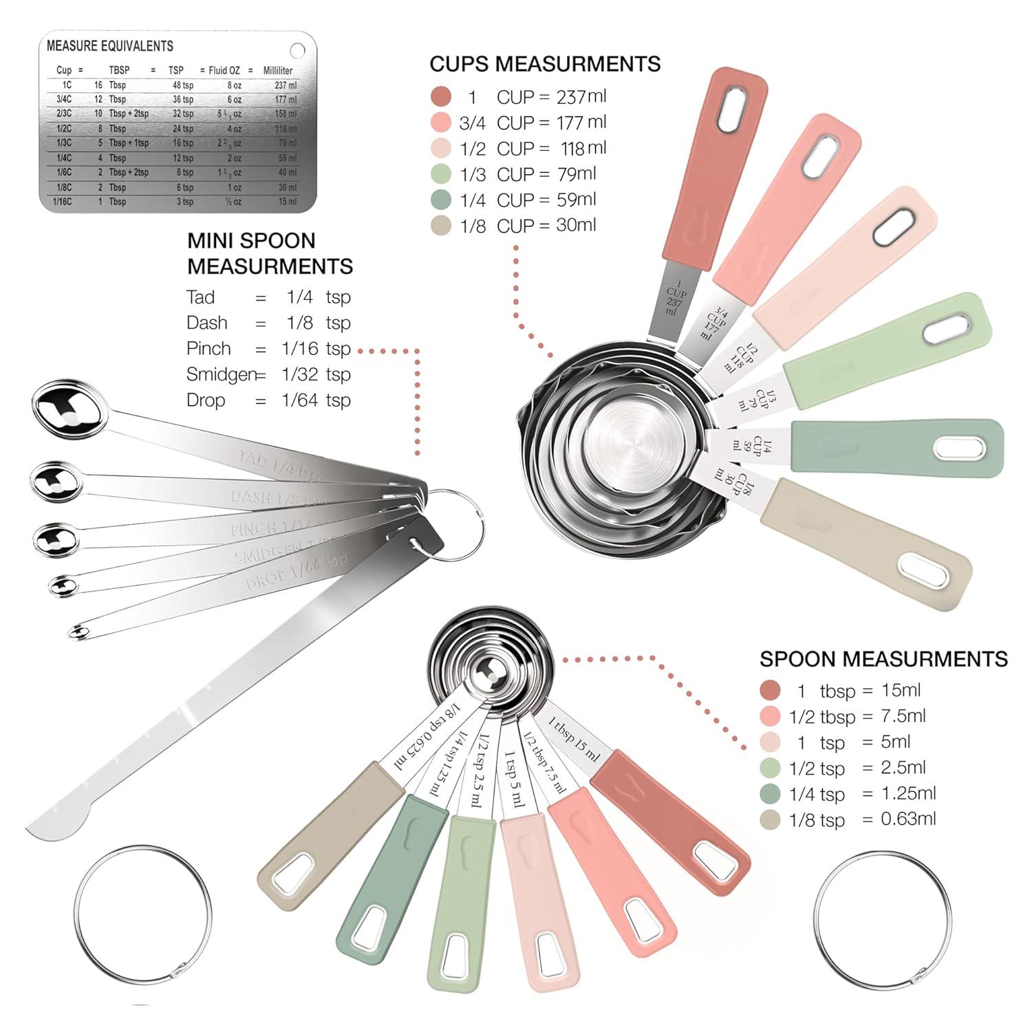 22-Piece Stainless Steel Measuring Cups and Spoons Set, Tad Dash Pinch Smidgen Drop Mini Measuring Spoons, Measuring Stick Leveler, Measurement Conversion Chart Fridge Magnet, (Country Chic)