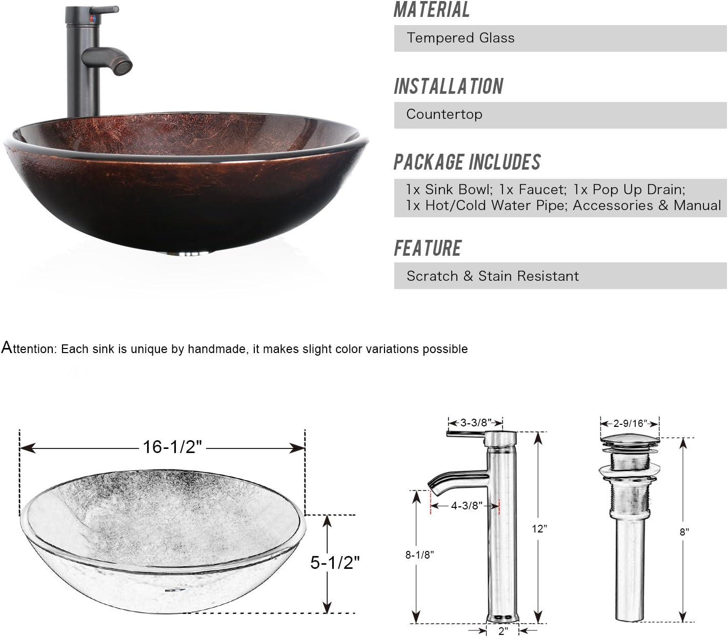 16.5" Brown Tempered Glass Round Vessel Sink with Faucet