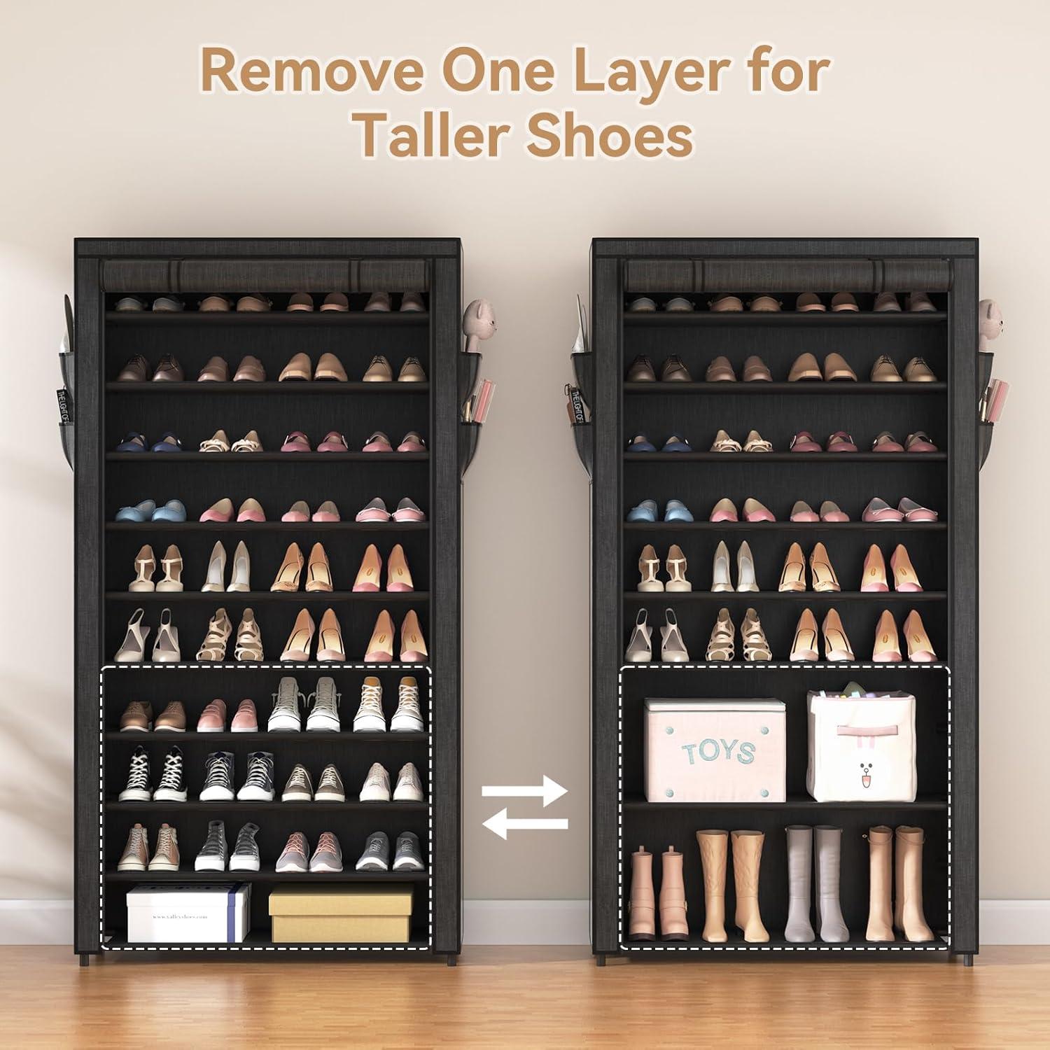 Tall Black Fabric and Metal 10-Tier Stackable Shoe Rack