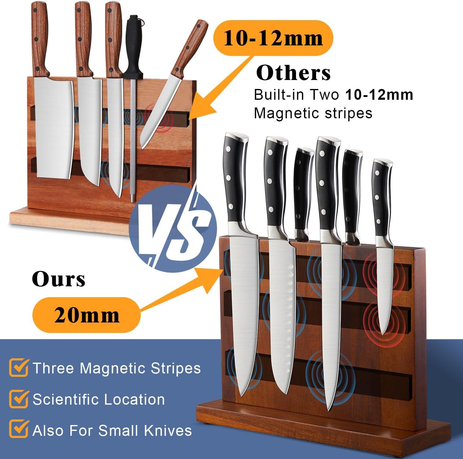 ENOKING Magnetic Knife Block 12.5 x 9 Inches, Double Side Magnetic Knife Holder Built in Three Powerful Magnets Strip, Acacia Wood Universal Knife Storage Organizer for Kitchen Counter C33