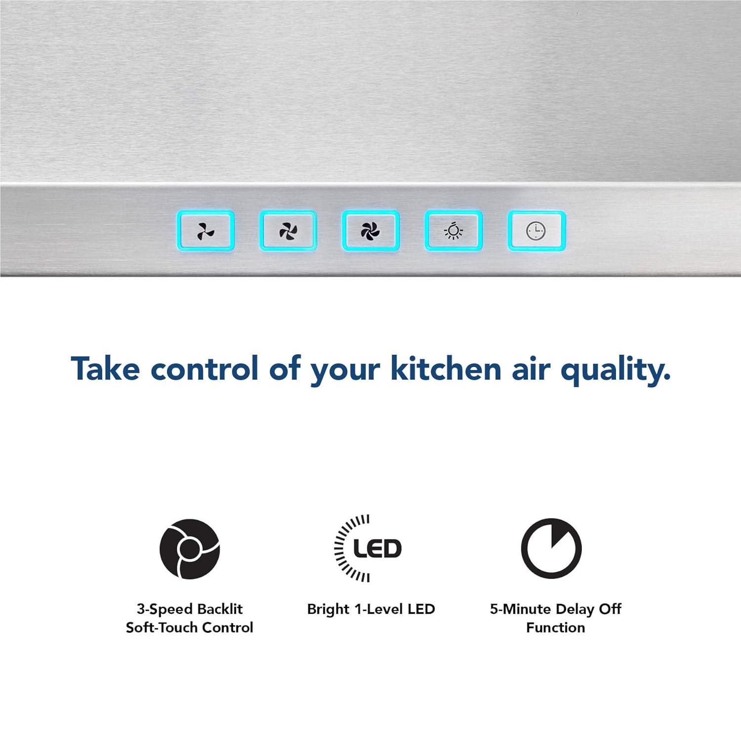 Broan-NuTone 24" Pyramidal Chimney Range Hood with LED Lighting, Convertible Wall-Mount Kitchen Chimney Vent Hood, 450 Max CFM, Stainless Steel