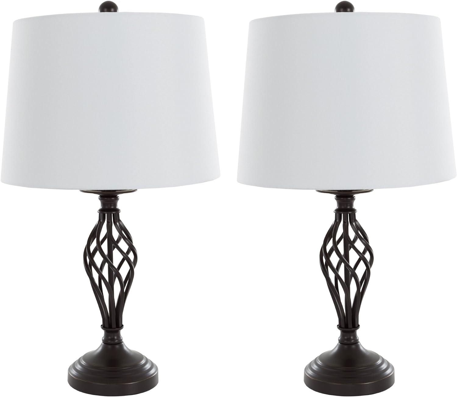 Oil-Rubbed Bronze Spiral Cage Table Lamps with White Drum Shades, Set of 2