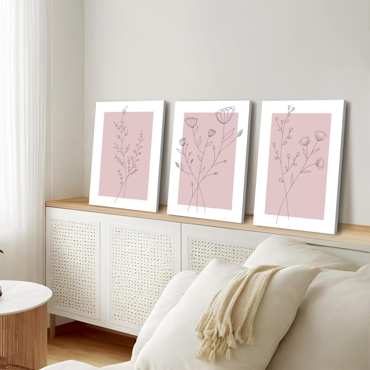 Lark Manor™ 3 Pieces Minimalism Botanical Canvas Wall Art Pink Flowers Line Plants Pictures Wall Decor Posters Print Artwork For Girls' Room Living Room Bedroom Bathroom Office Home Decoration