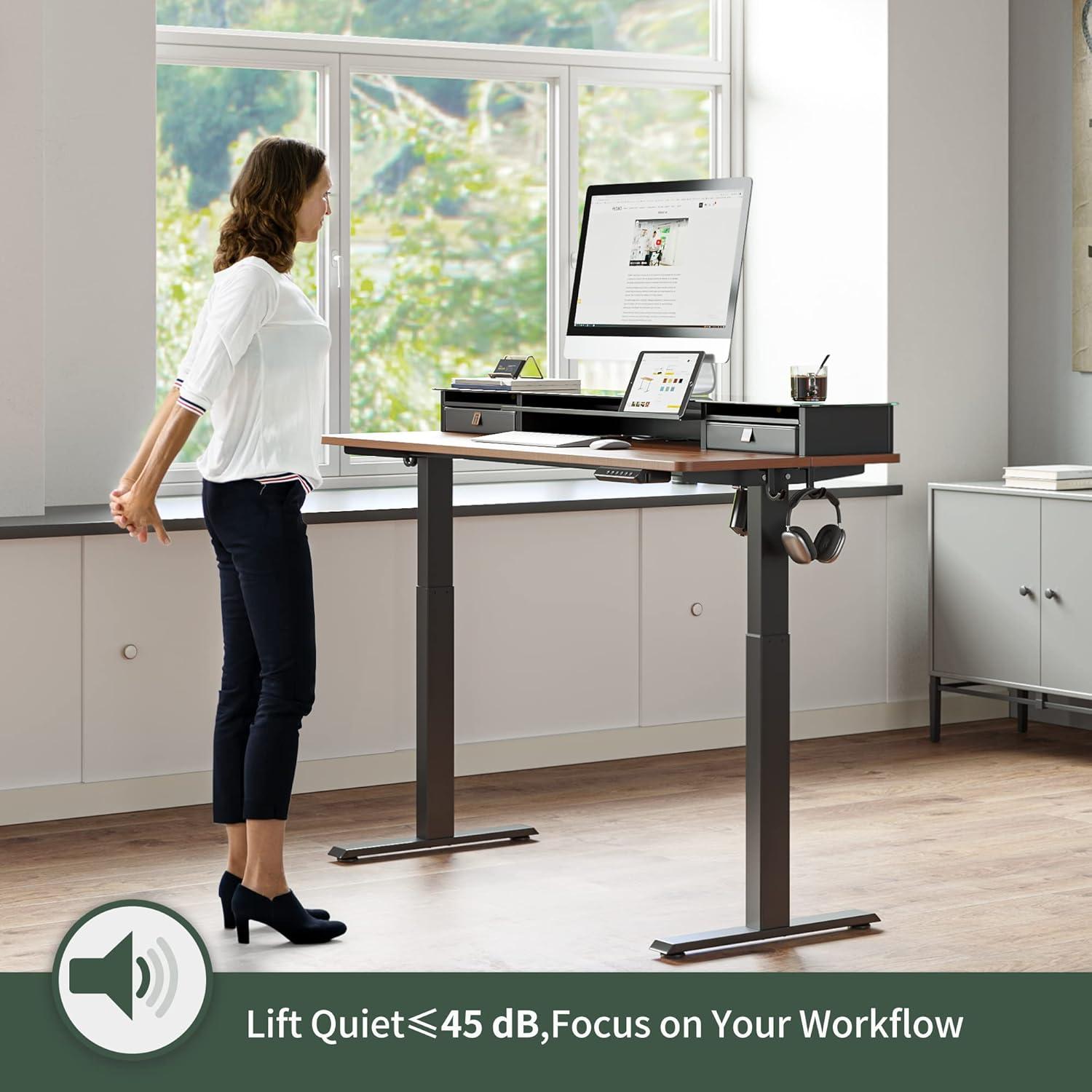 FEZIBO 55 x 24 Inch Height Adjustable Electric Standing Desk with Double Drawer, Sit Stand Desk, Black Walnut