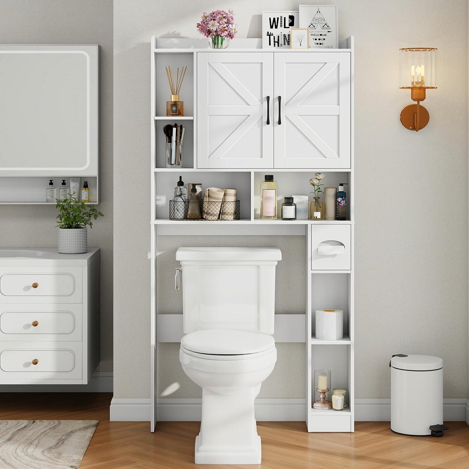 Over The Toilet Storage Cabinet, Farmhouse Storage Cabinet Over Toilet with Sliding Barn Door & Toilet Paper Holder Stand，Home Space-Saving Toilet Rack, for Bathroom, Restroom, Laundry（White）