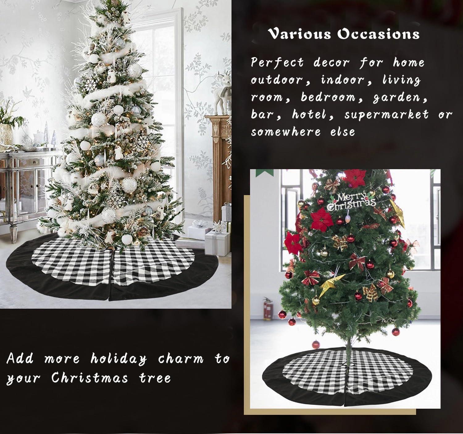 Christmas Tree Skirt 48 inch Large, Double Layer Black and White Plaid Buffalo Slim Checked Tree Mat for Xmas Country Farmhouse Holiday Party Decoration Christmas Ornaments