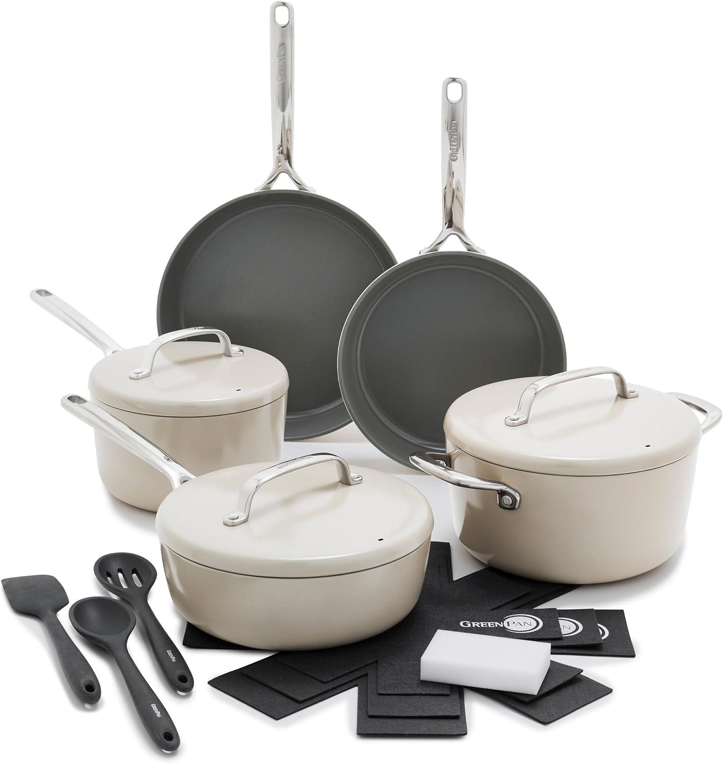 GreenPan GP5 Hard Anodized Healthy Ceramic Nonstick 14pc Cookware Set PFAS Free - Taupe