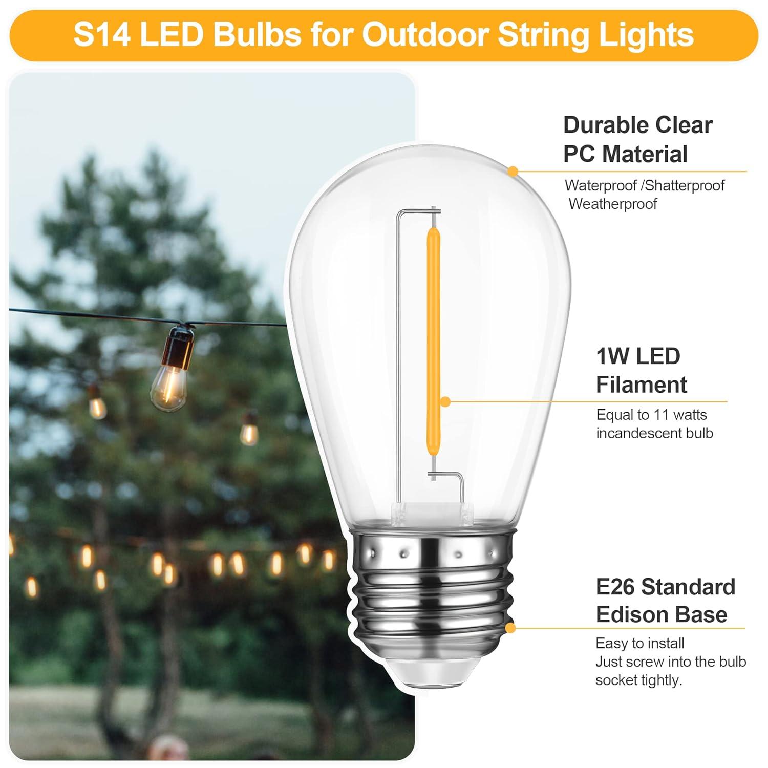 Svater Replacement Bulbs for Outdoor String Lights, 15 Pack S14 LED Bulbs for Patio, E26 Base 1W Bulb Equal to 11W Incandescent, Dimmable,Shatterproof 2700K Warm White