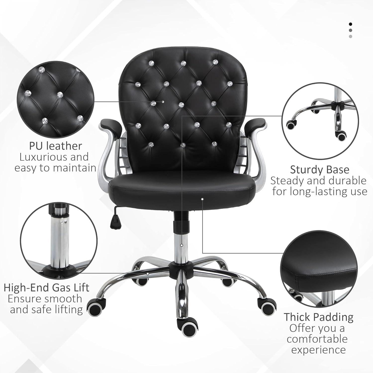 Vinsetto Vanity PU Leather Mid Back Office Chair Swivel Tufted Backrest Task Chair with Padded Armrests, Adjustable Height, Rolling Wheels, Beige