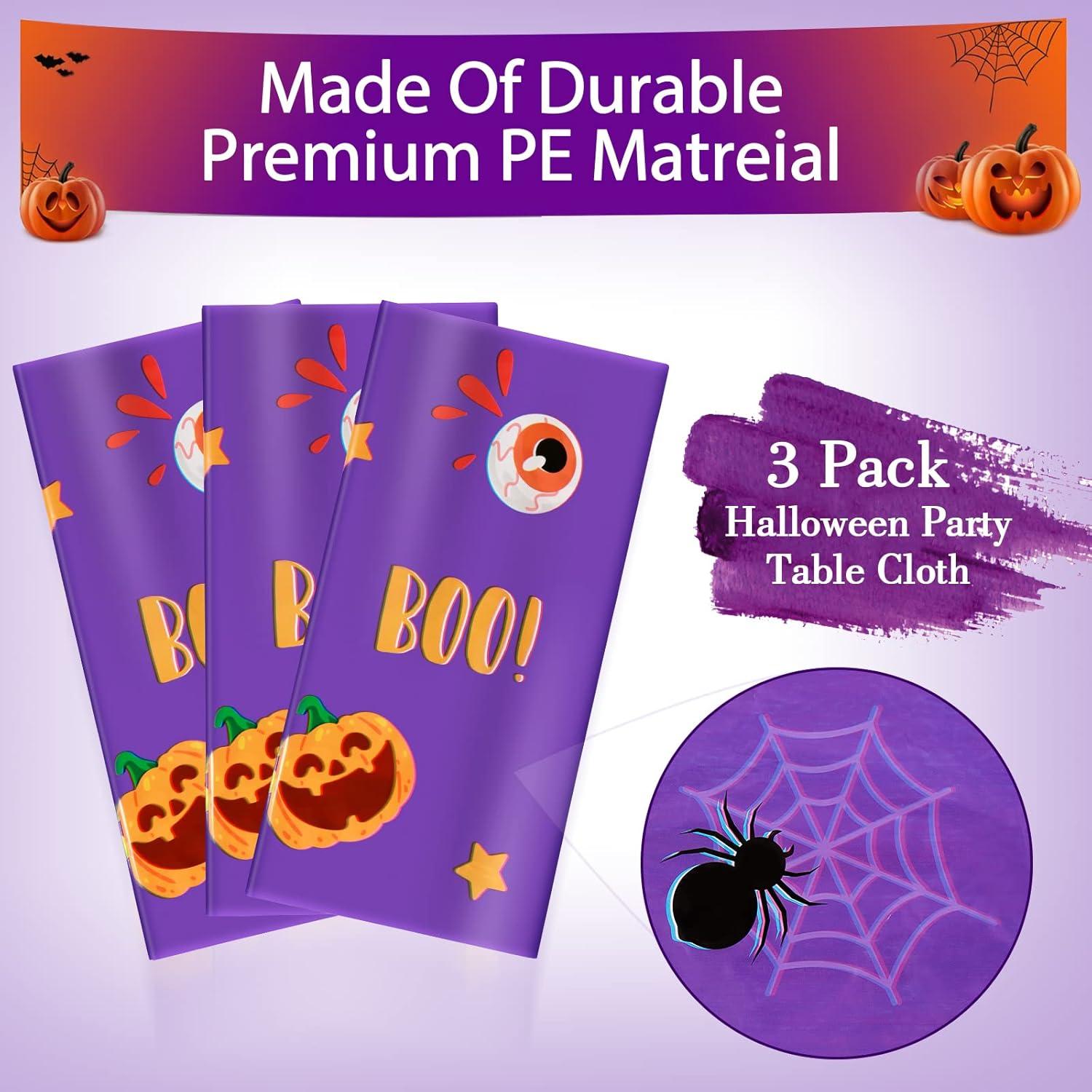 Juvale 3-Pack Halloween Table Cover for Party Supplies, Purple Disposable Plastic Tablecloth Decorations, Halloween Table Decorations for Themed Parties, Birthday Celebrations and More (54 x 108 In)
