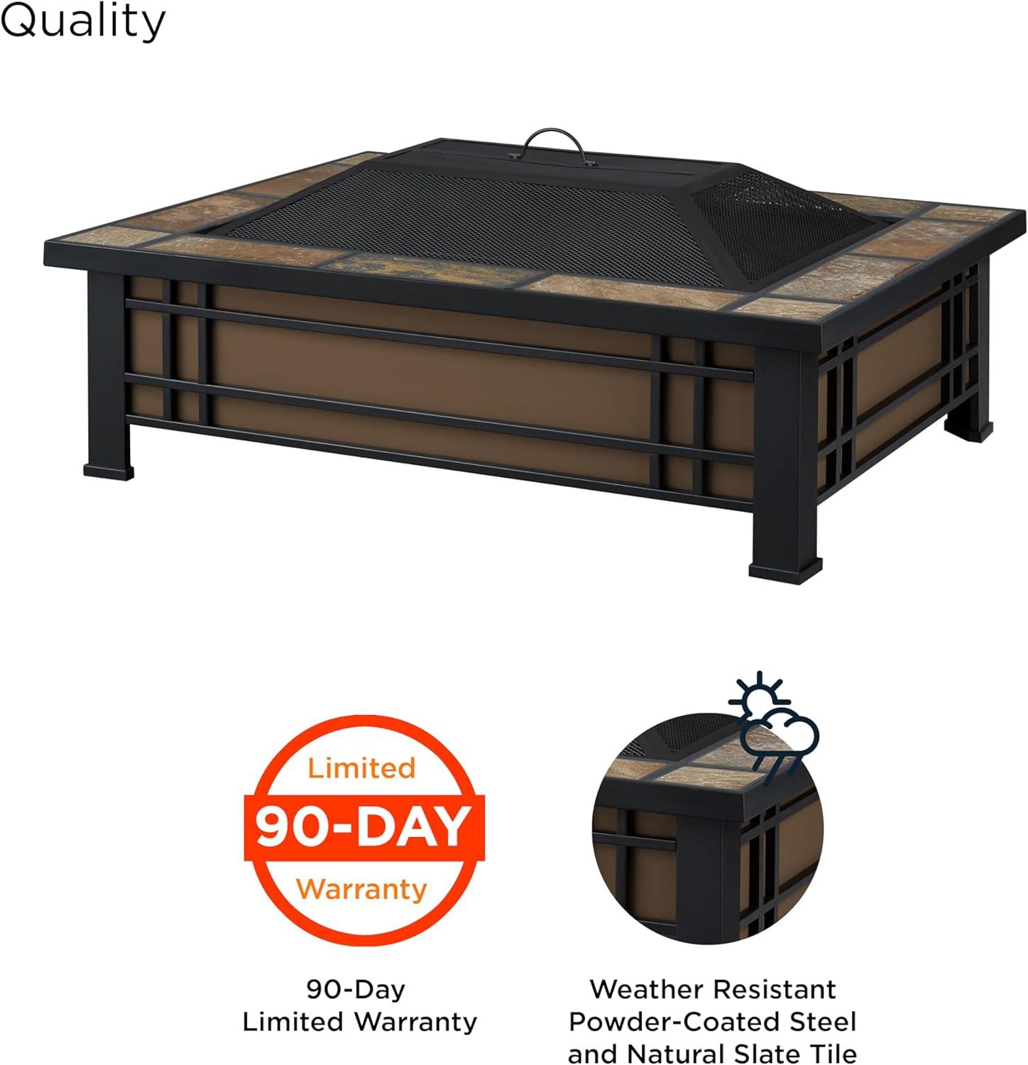 Hamilton Rectangle Wood Burning Fire Pit Brown - Real Flame: Slate Top, Mission Style Frame, Spark Screen & Cover