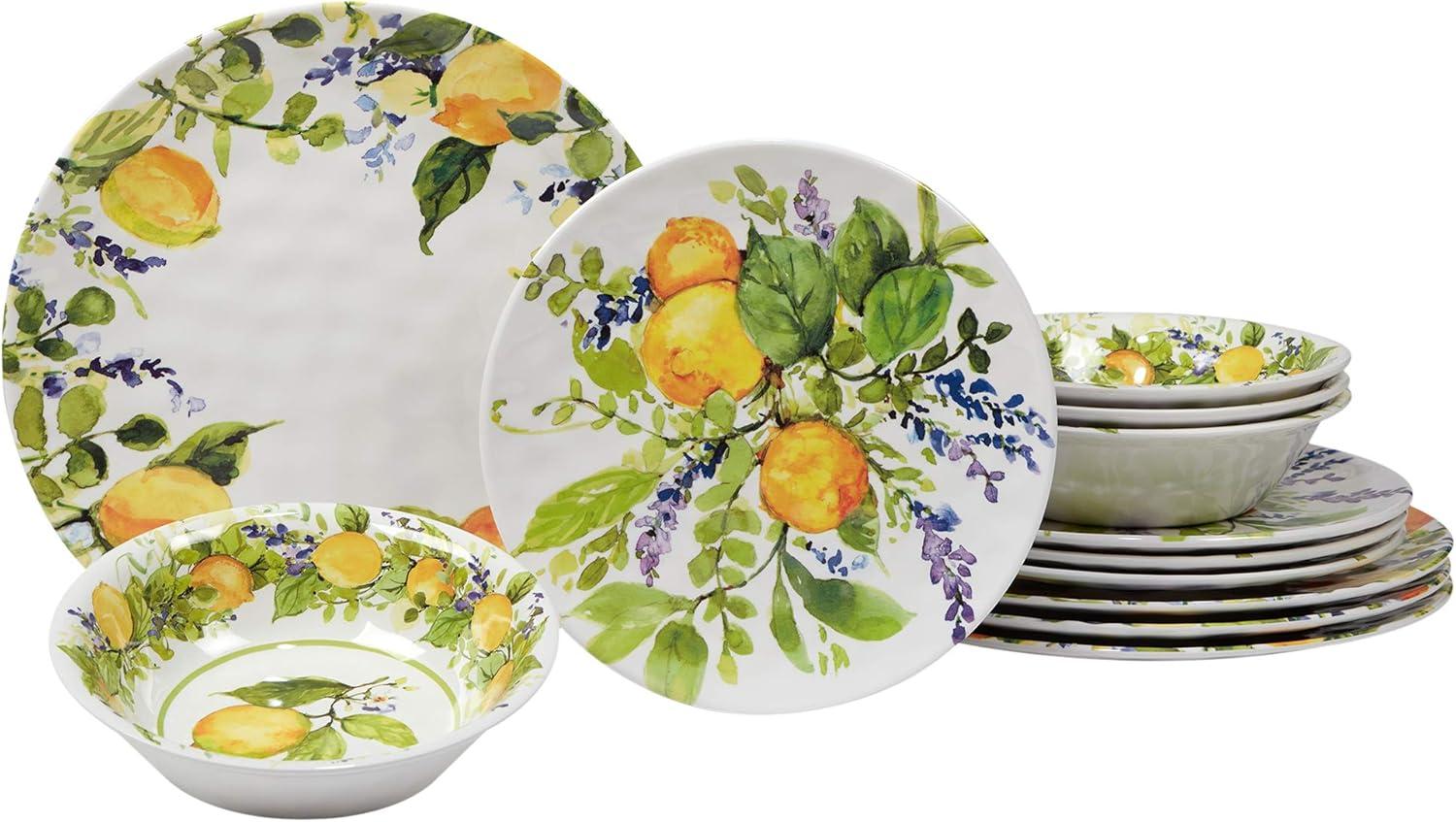 Lemon Zest Floral Melamine 12-Piece Dinnerware Set