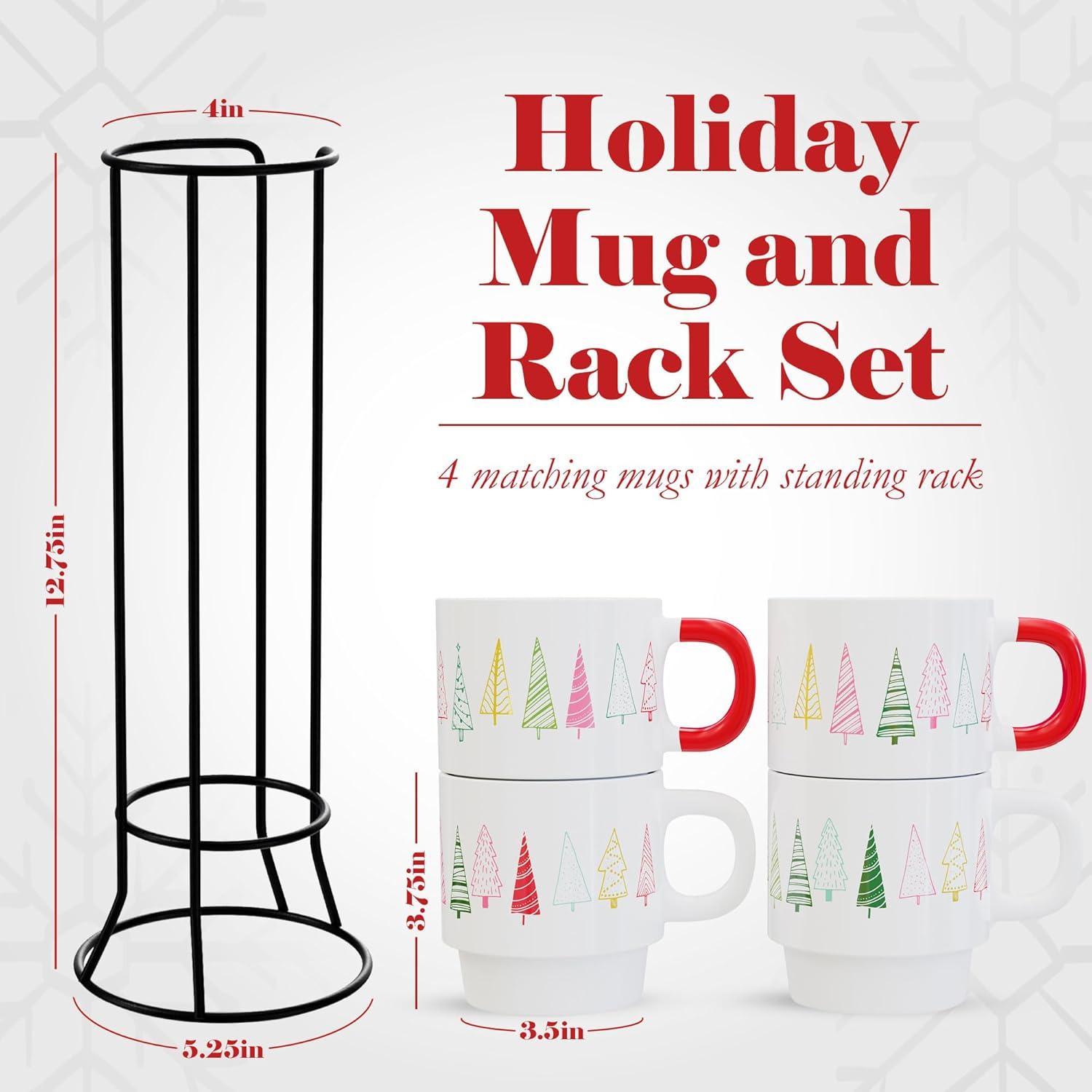 American Atelier Christmas Ceramic Mug & Rack Set - 4 Cups & Standing Metal Rack for Kitchen Countertop, Tabletop, Island, or Café Display, 14 oz