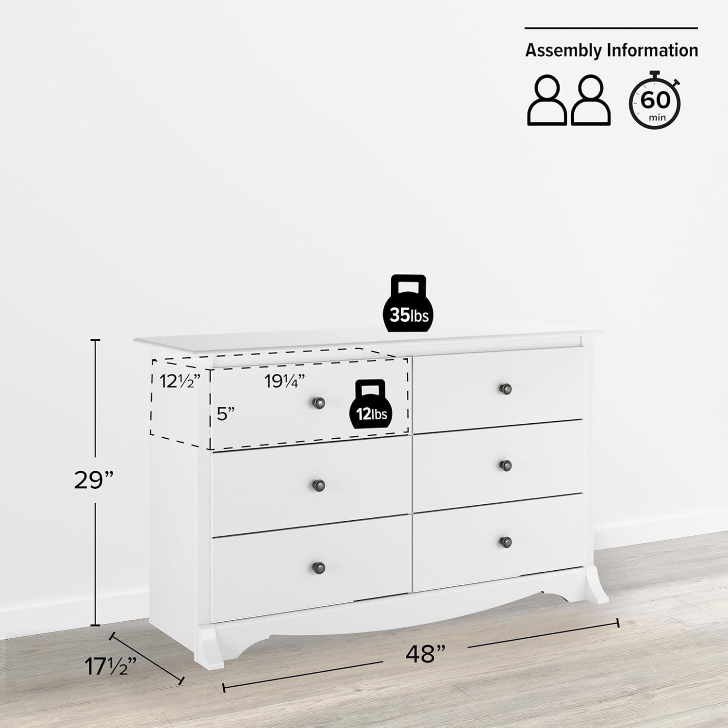 Prepac Monterey Dresser White: 6-Drawer Storage, Wood Composite, Bedroom Furniture, 29"H x 48"W