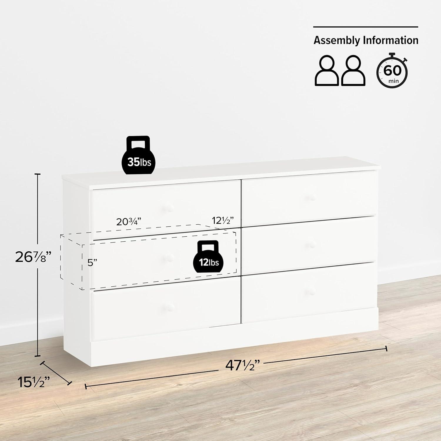 6 Drawers Astrid Dresser White - Prepac: Contemporary Style, Solid Wood Knobs, 47.25" Wide