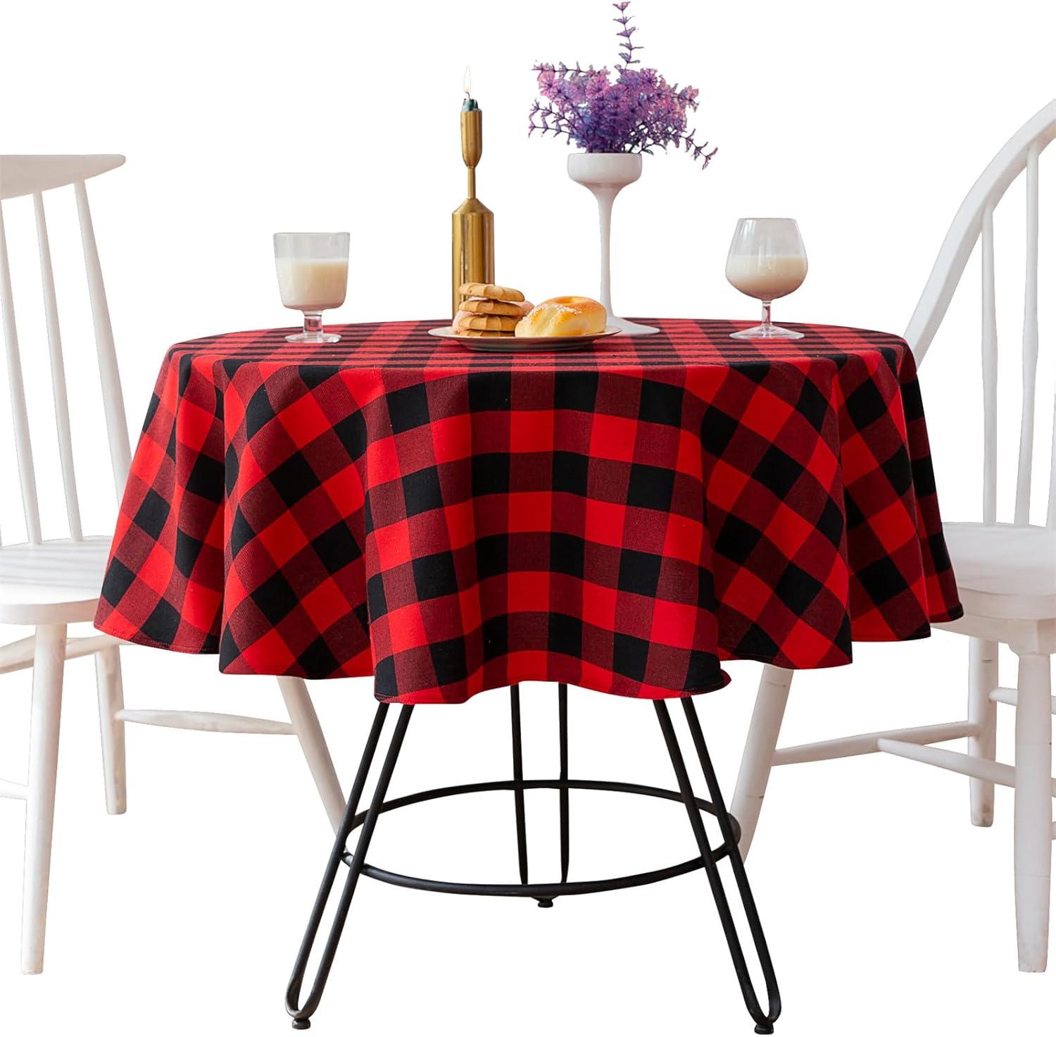 Buffalo Plaid Round Tablecloth Checkered Cotton Linen Table Cover for Kitchen Dining Room Home Decor ( Round - 48 Inch, White & Black )