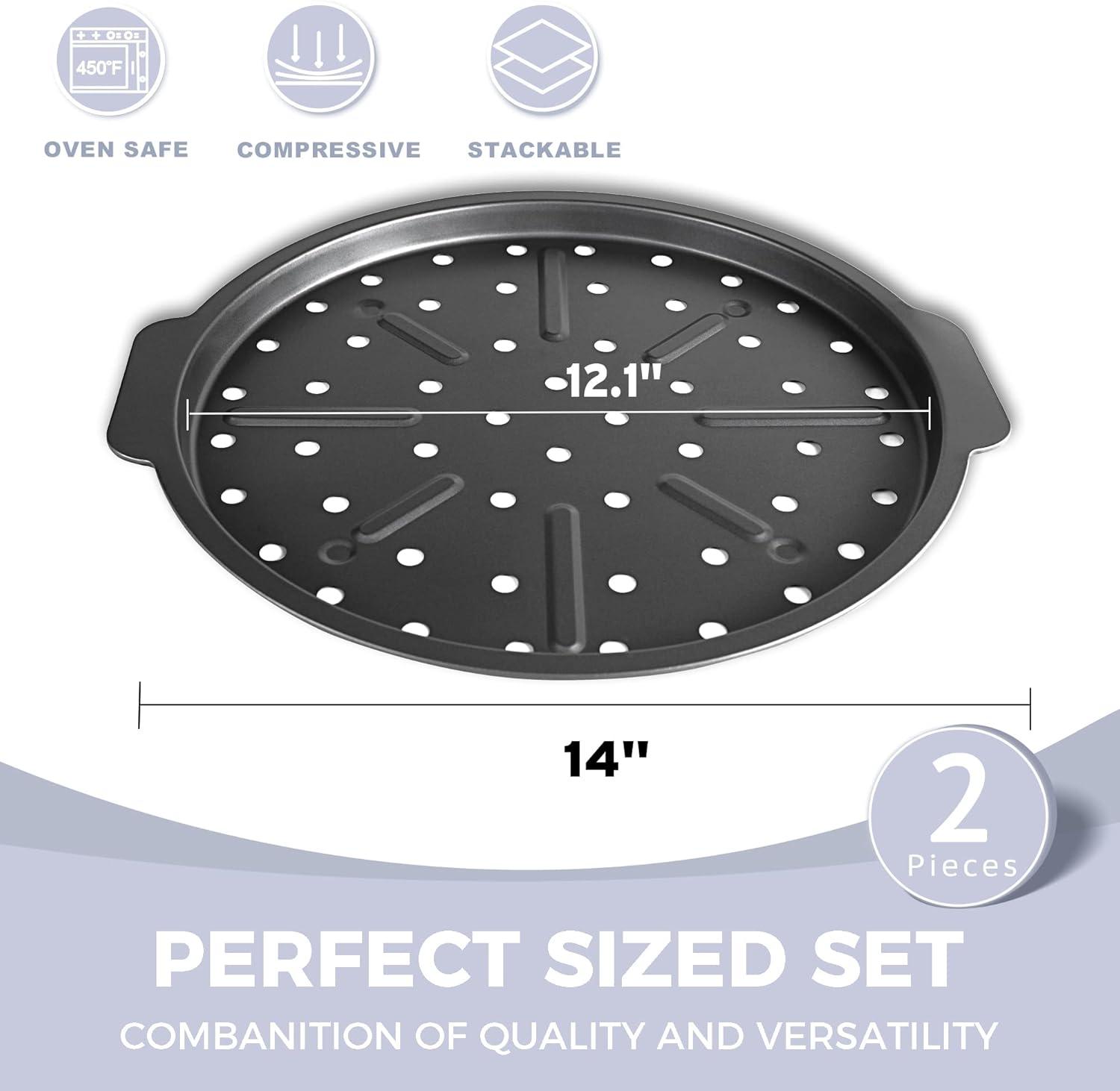 12-Inch Gray Nonstick Pizza Pan with Holes and Handles, Set of 2