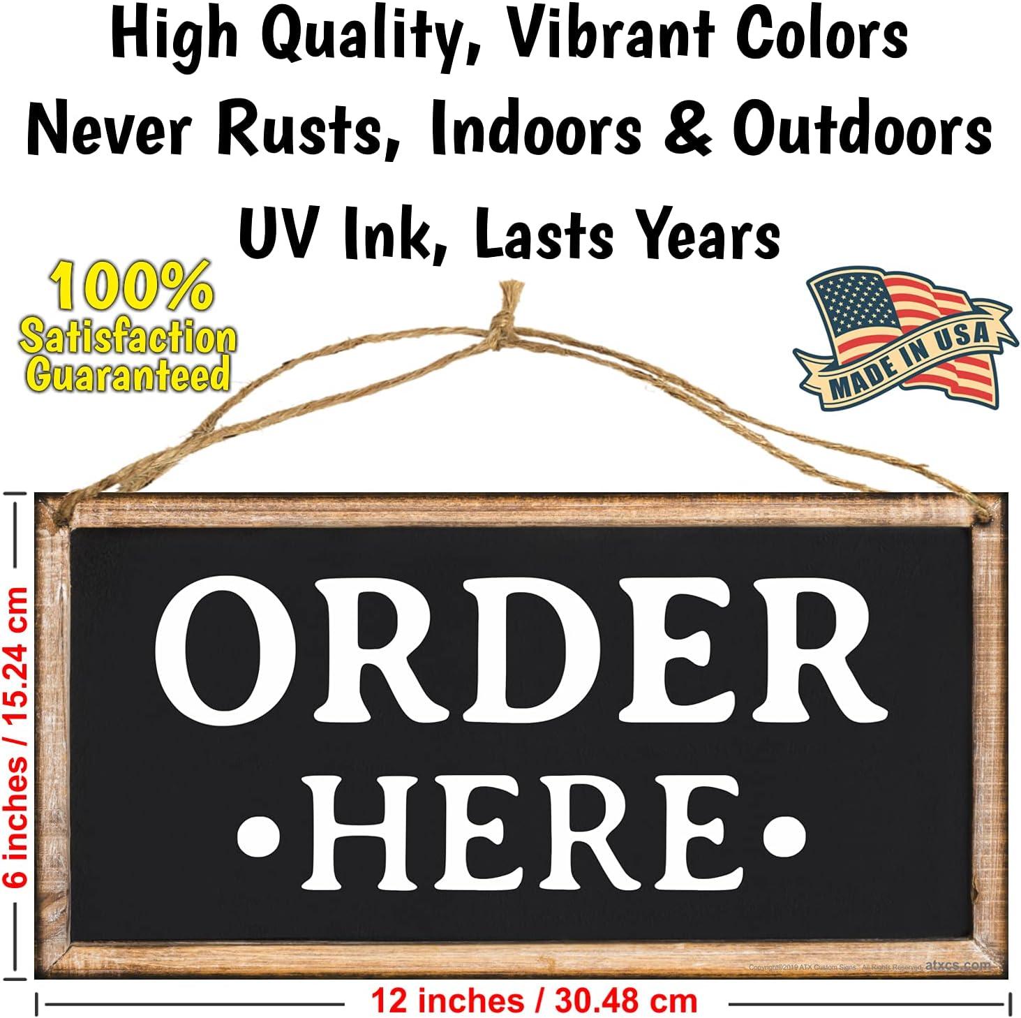 Black and White Rectangular Metal Order Here Sign with Jute String