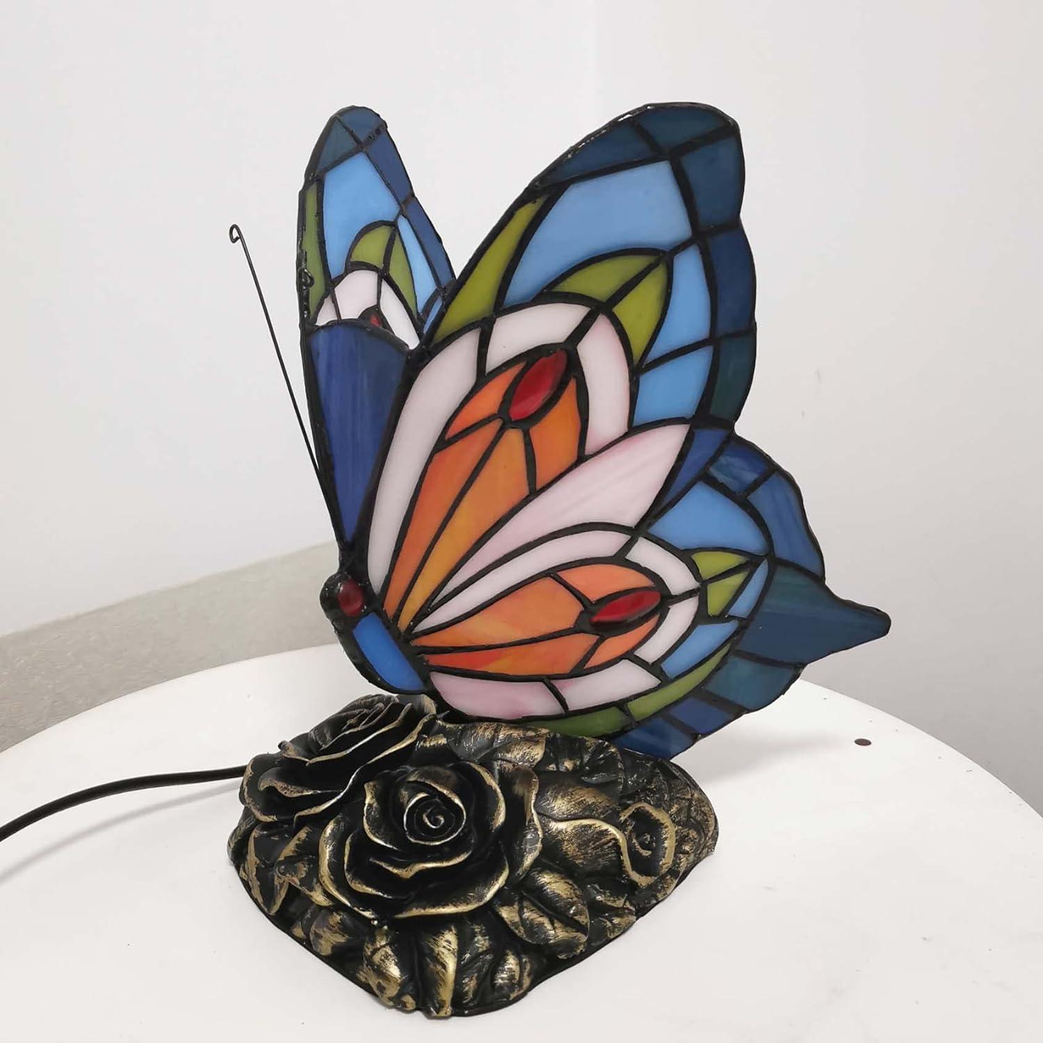 Home Tiffany Style Butterfly Lamp-Stained Glass Table or Desk Light LED Bulb Included-Vintage Look Colorful Accent Decor by Lavish (Rounded Wings)