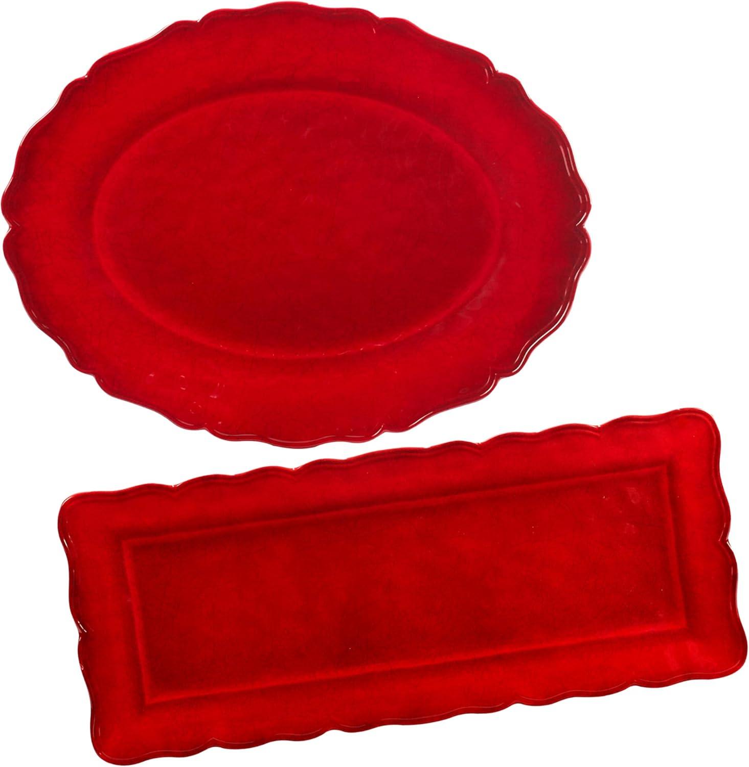 Red Crackle Melamine 2pc Platter Set -  Rect 19 " x  8 Oval 18" x 13.5 (Set of 2)