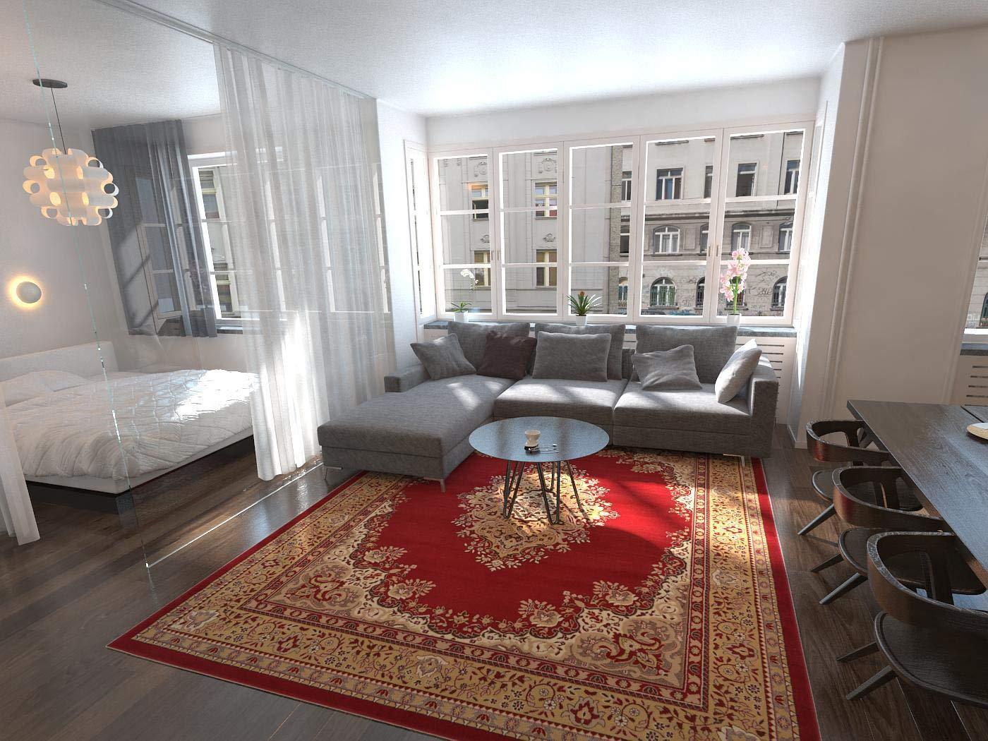 Elegant Medallion 9' x 12' Synthetic Area Rug in Red, Black, and Cream
