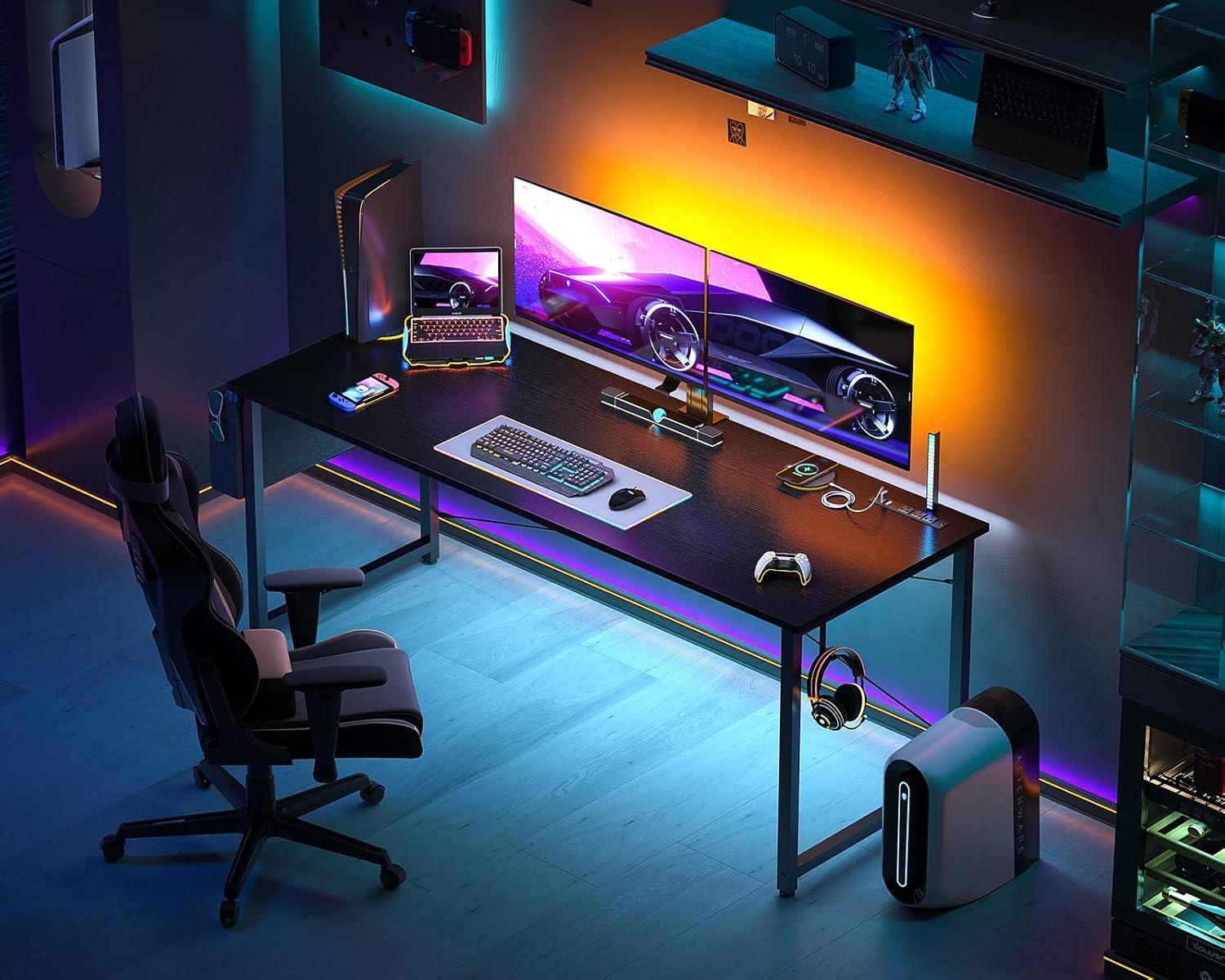 Black Rectangular Computer Desk with Power Outlet and USB Ports