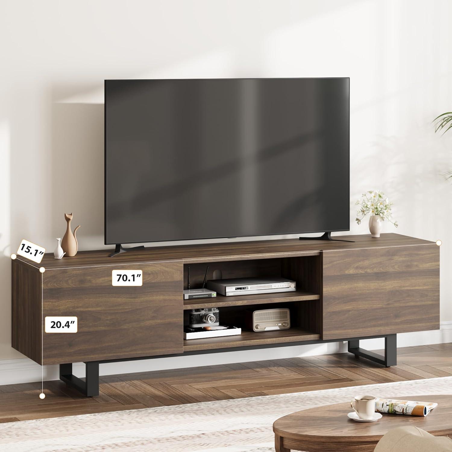Industrial TV Stand for 80 Inch, Modern Entertainment Center with 2 Drawers, Wooden Cabinet with Heavy Duty Leg and Open Storage for Bedroom, Walnut
