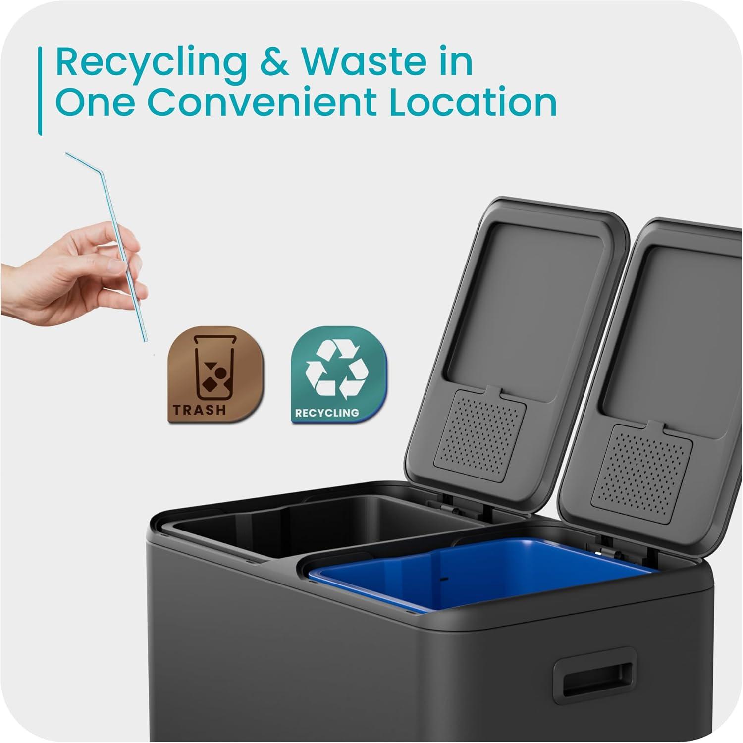 Home Zone Living Home Zone Living 16 Gallon Stainless Steel Kitchen Trash Can and Recycling Dual Compartments with Step Pedals and Soft-Close Lids