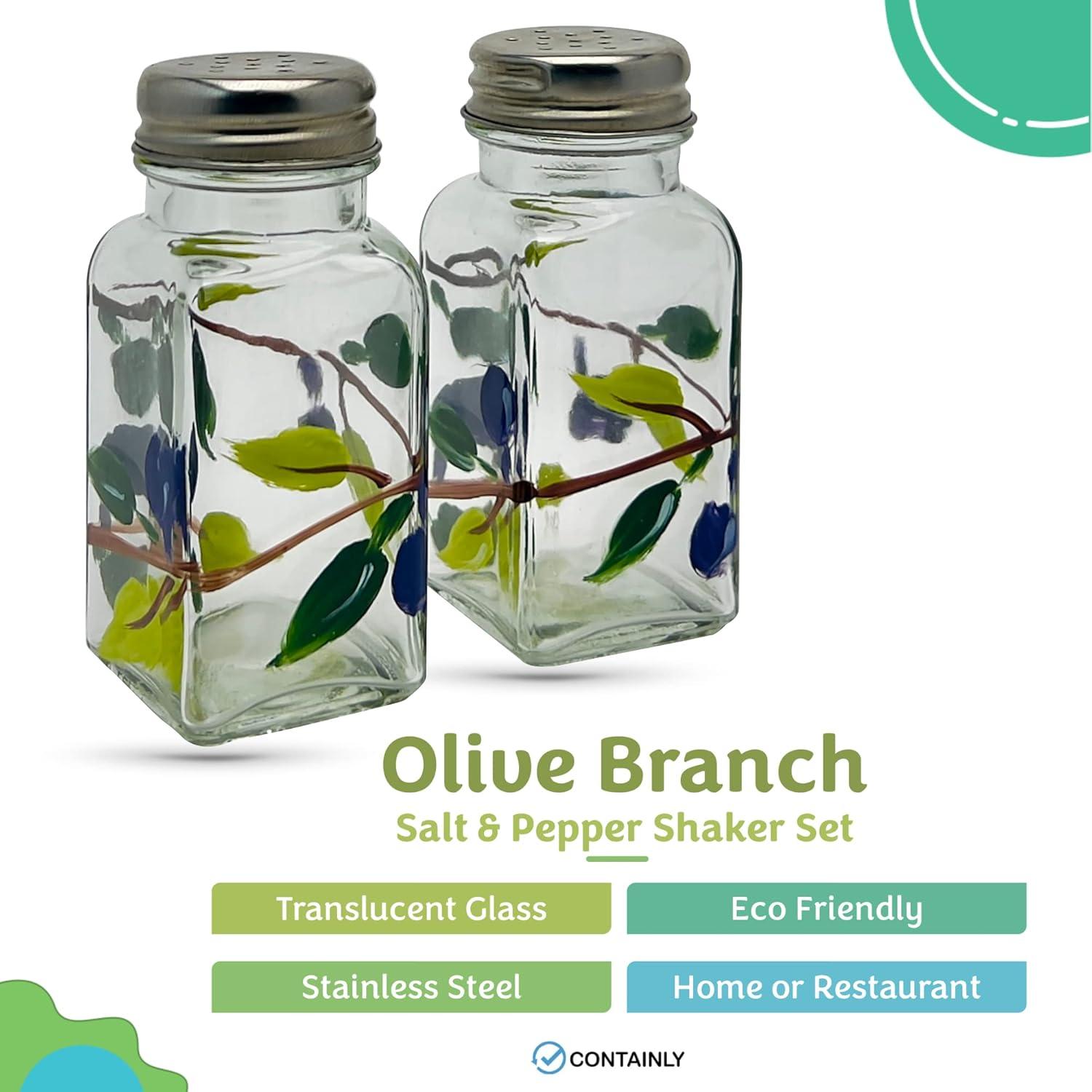 Hand Painted Glass Olive Branch Salt and Pepper Shakers Set